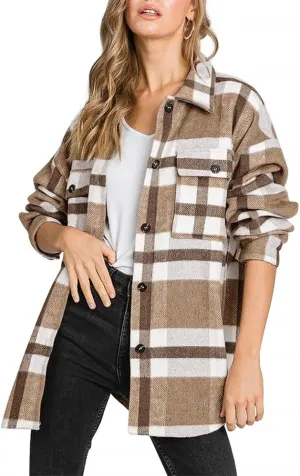 Beaully Women's Flannel Plaid Shacket Long Sleeve Button Down Shirts Jacket Coats with Side Pockets