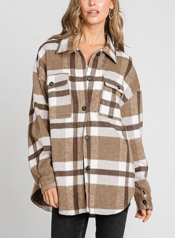 Beaully Women's Flannel Plaid Shacket Long Sleeve Button Down Shirts Jacket Coats with Side Pockets