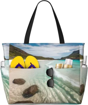 Beautiful Summer Coastline Beach Bag, Waterproof Sandproof Beach Tote Pool Bag, Lightweight & Foldable Shoulder Bag For Beach Gym Travel Camping Shopping Family Vacation Essentials