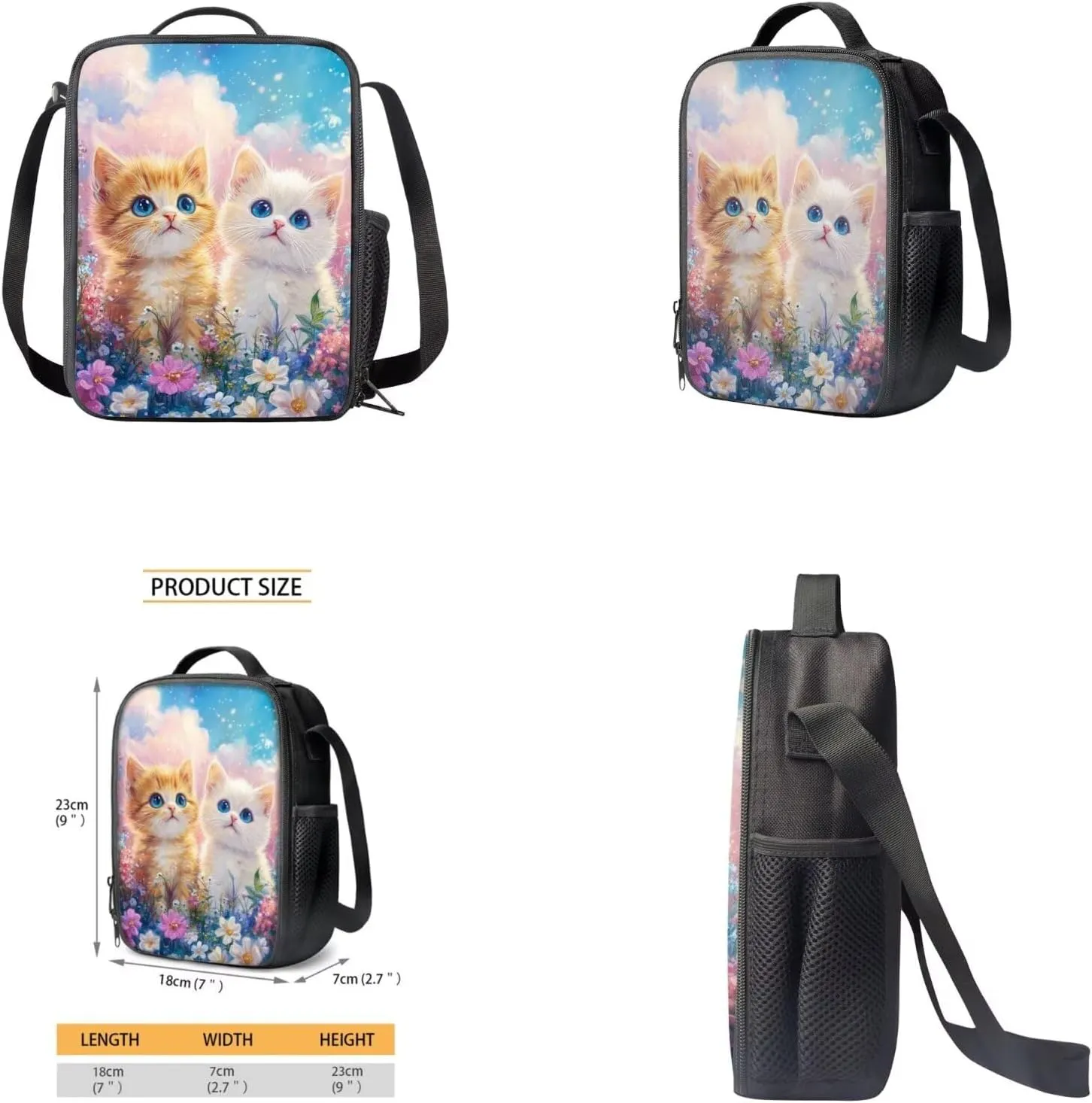 Beauty Cats Backpack for Girls 8-10 Kids Backpack and Lunch Box Set Water Bottle Carrier Bag with Zip Pencil Case for Kids Boys 4 in 1 Set 5Th Grade Bookbag Front Pocket for Primary School