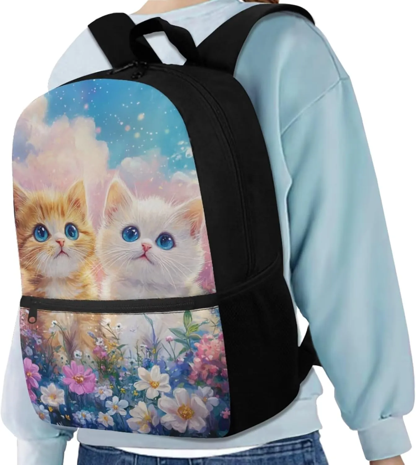 Beauty Cats Backpack for Girls 8-10 Kids Backpack and Lunch Box Set Water Bottle Carrier Bag with Zip Pencil Case for Kids Boys 4 in 1 Set 5Th Grade Bookbag Front Pocket for Primary School