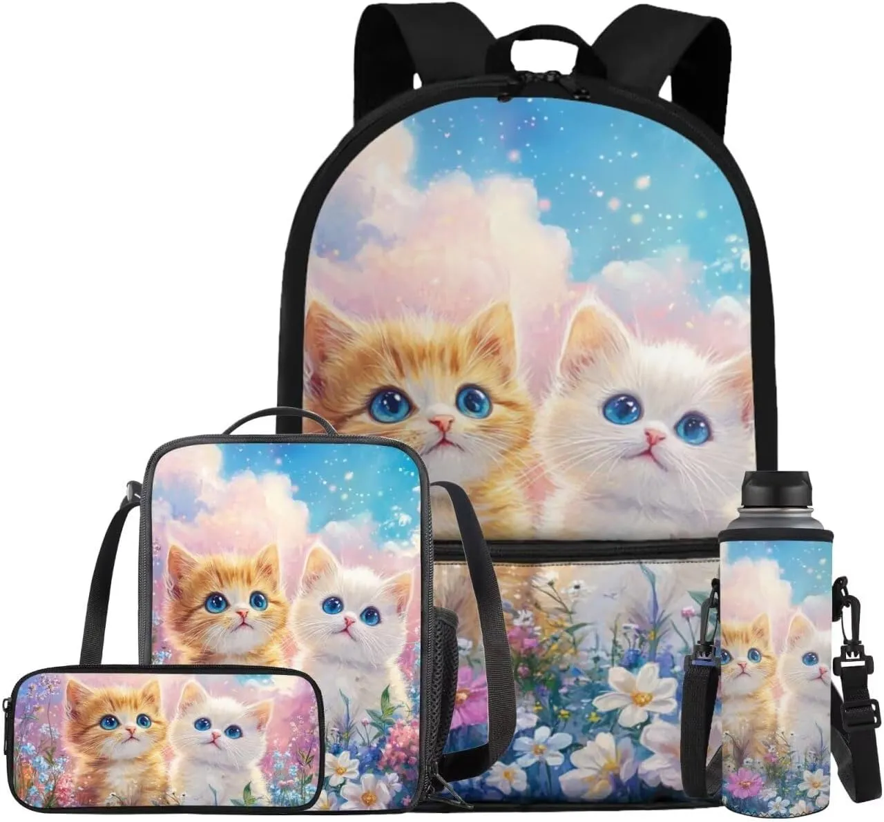 Beauty Cats Backpack for Girls 8-10 Kids Backpack and Lunch Box Set Water Bottle Carrier Bag with Zip Pencil Case for Kids Boys 4 in 1 Set 5Th Grade Bookbag Front Pocket for Primary School