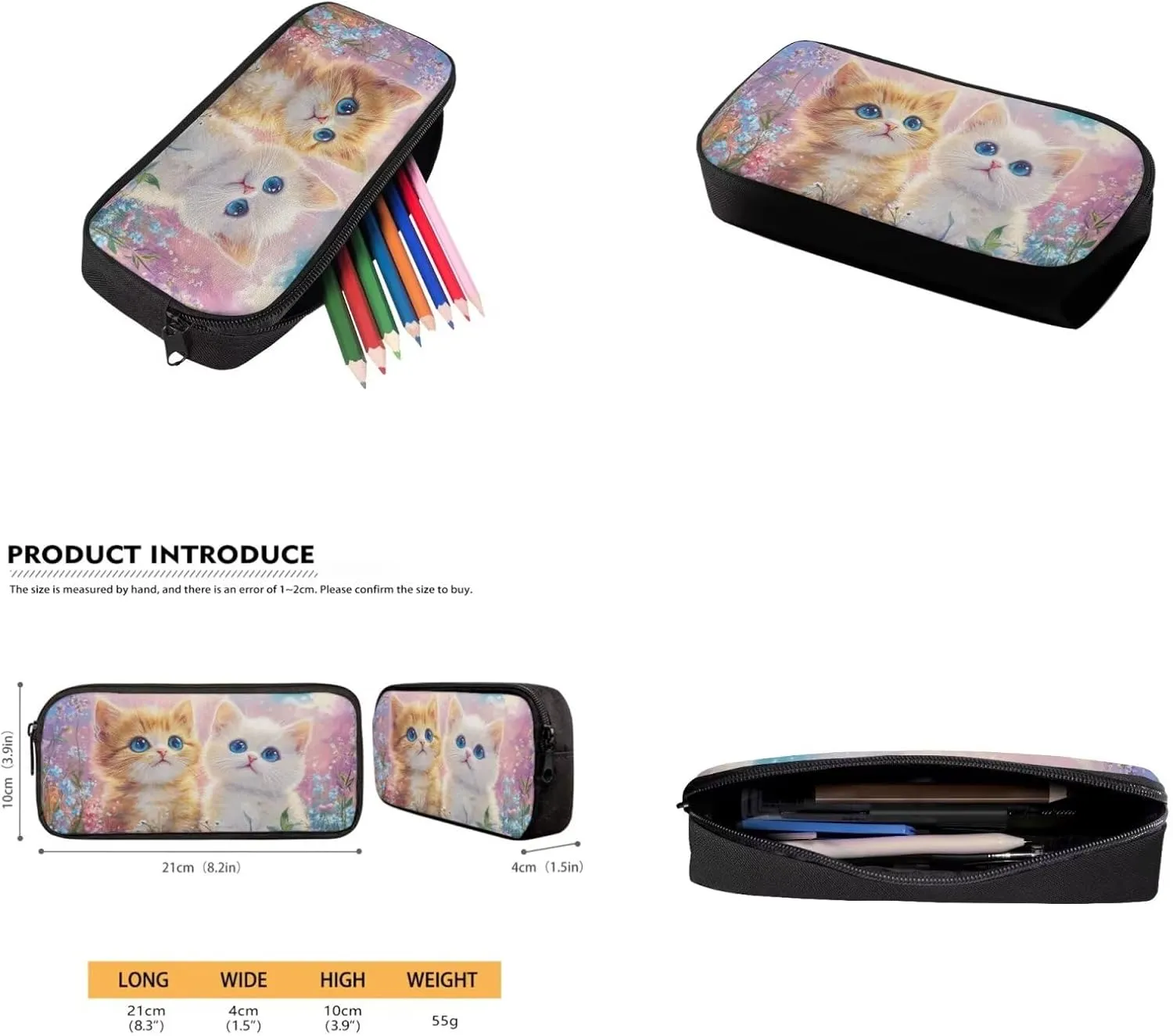 Beauty Cats Backpack for Girls 8-10 Kids Backpack and Lunch Box Set Water Bottle Carrier Bag with Zip Pencil Case for Kids Boys 4 in 1 Set 5Th Grade Bookbag Front Pocket for Primary School