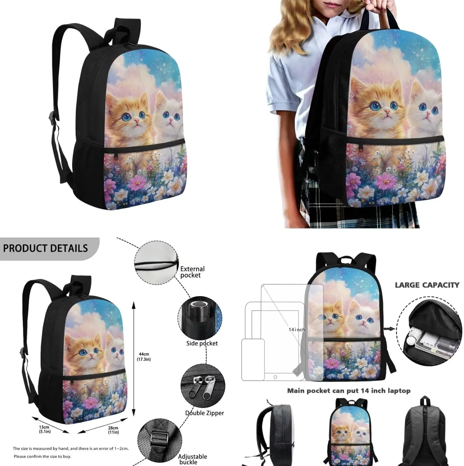 Beauty Cats Backpack for Girls 8-10 Kids Backpack and Lunch Box Set Water Bottle Carrier Bag with Zip Pencil Case for Kids Boys 4 in 1 Set 5Th Grade Bookbag Front Pocket for Primary School