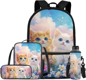 Beauty Cats Backpack for Girls 8-10 Kids Backpack and Lunch Box Set Water Bottle Carrier Bag with Zip Pencil Case for Kids Boys 4 in 1 Set 5Th Grade Bookbag Front Pocket for Primary School