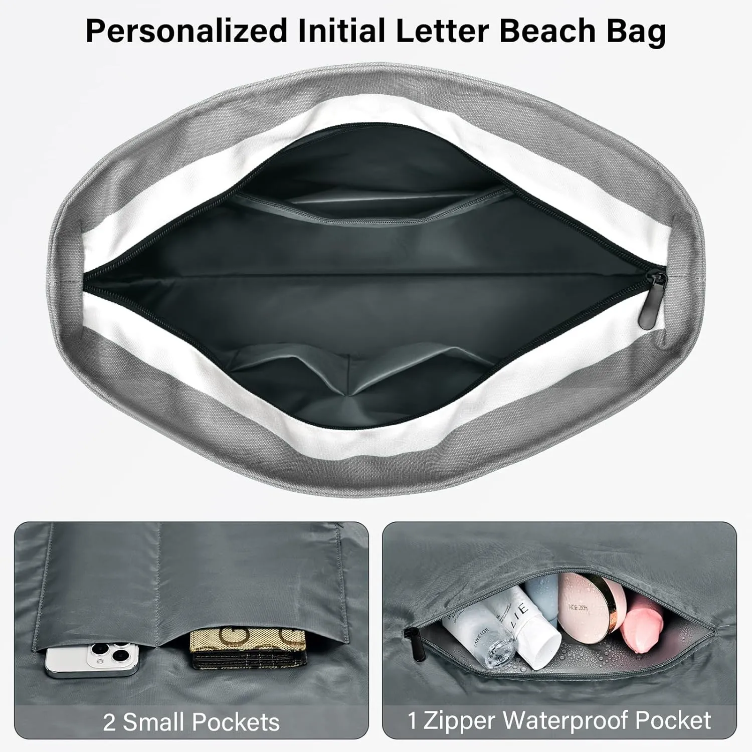 Becokan Beach Bag Initial Beach Tote with Makeup Bag for Travel Work Storage Personalized Birthday Gifts for Women Her