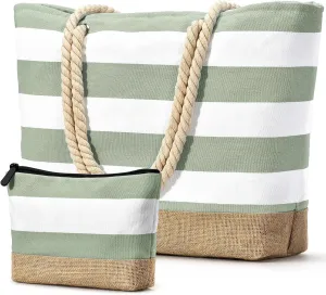 Becokan Beach Bag Initial Beach Tote with Makeup Bag for Travel Work Storage Personalized Birthday Gifts for Women Her