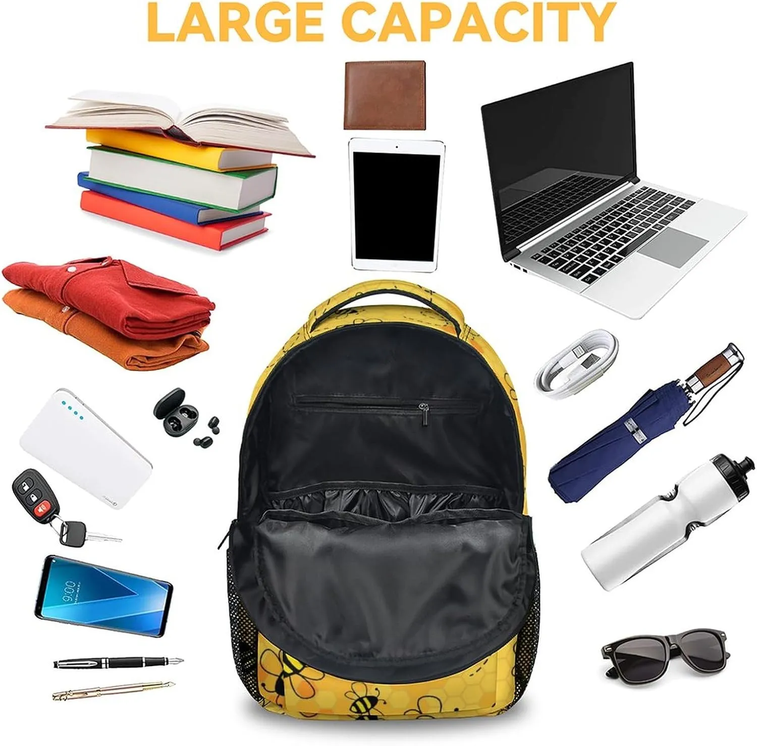 Bee Backpack for Girls Boys, 16 Inch Yellow Backpacks for School, Cute, Adjustable Straps, Durable, Lightweight, Large Capacity Bookbag for Kids