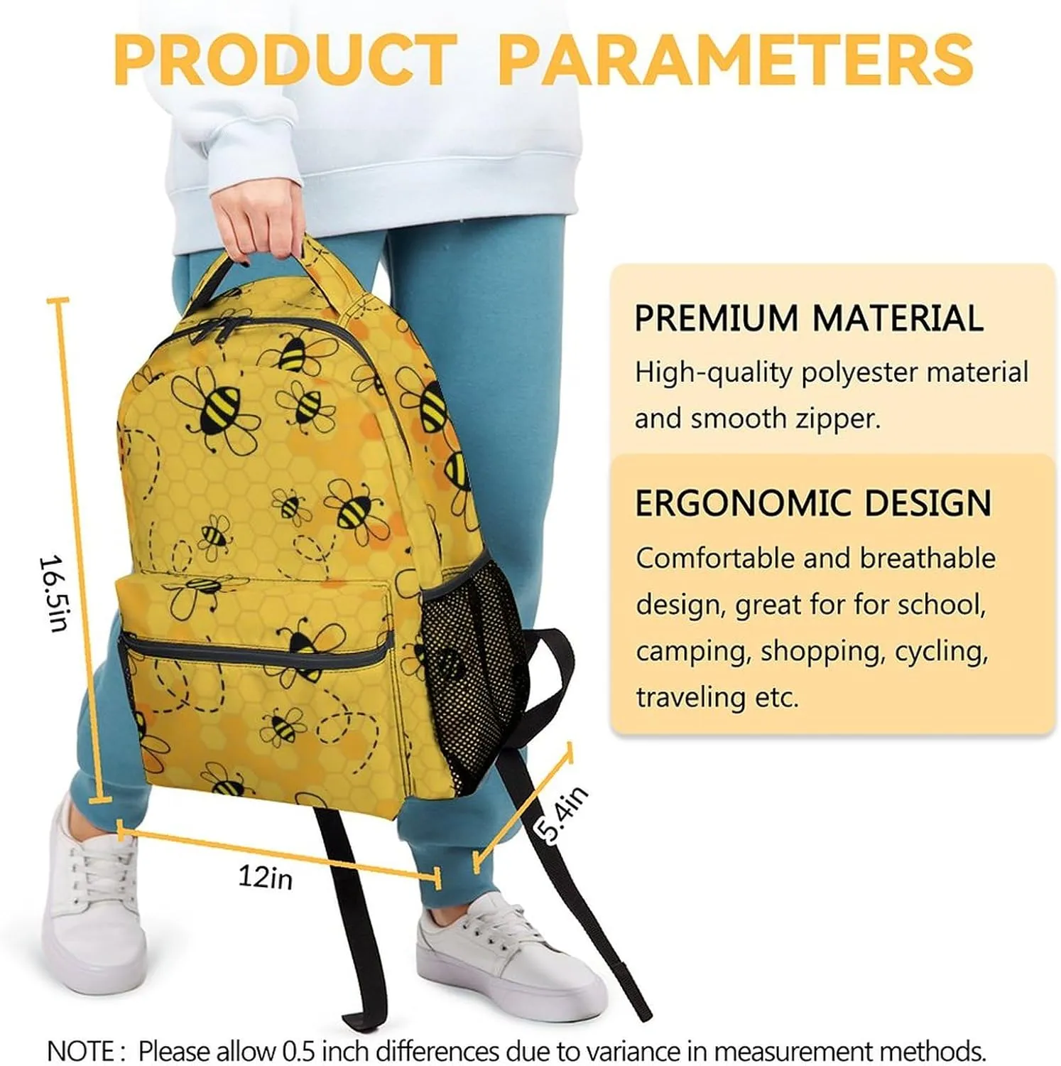 Bee Backpack for Girls Boys, 16 Inch Yellow Backpacks for School, Cute, Adjustable Straps, Durable, Lightweight, Large Capacity Bookbag for Kids