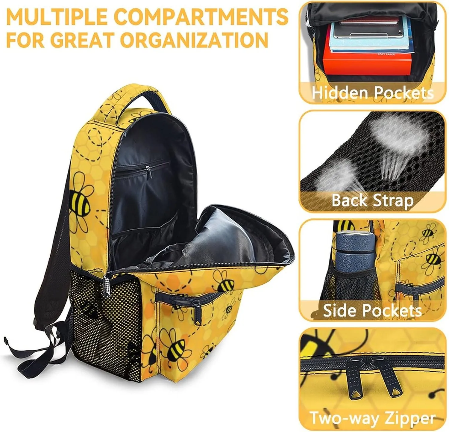 Bee Backpack for Girls Boys, 16 Inch Yellow Backpacks for School, Cute, Adjustable Straps, Durable, Lightweight, Large Capacity Bookbag for Kids