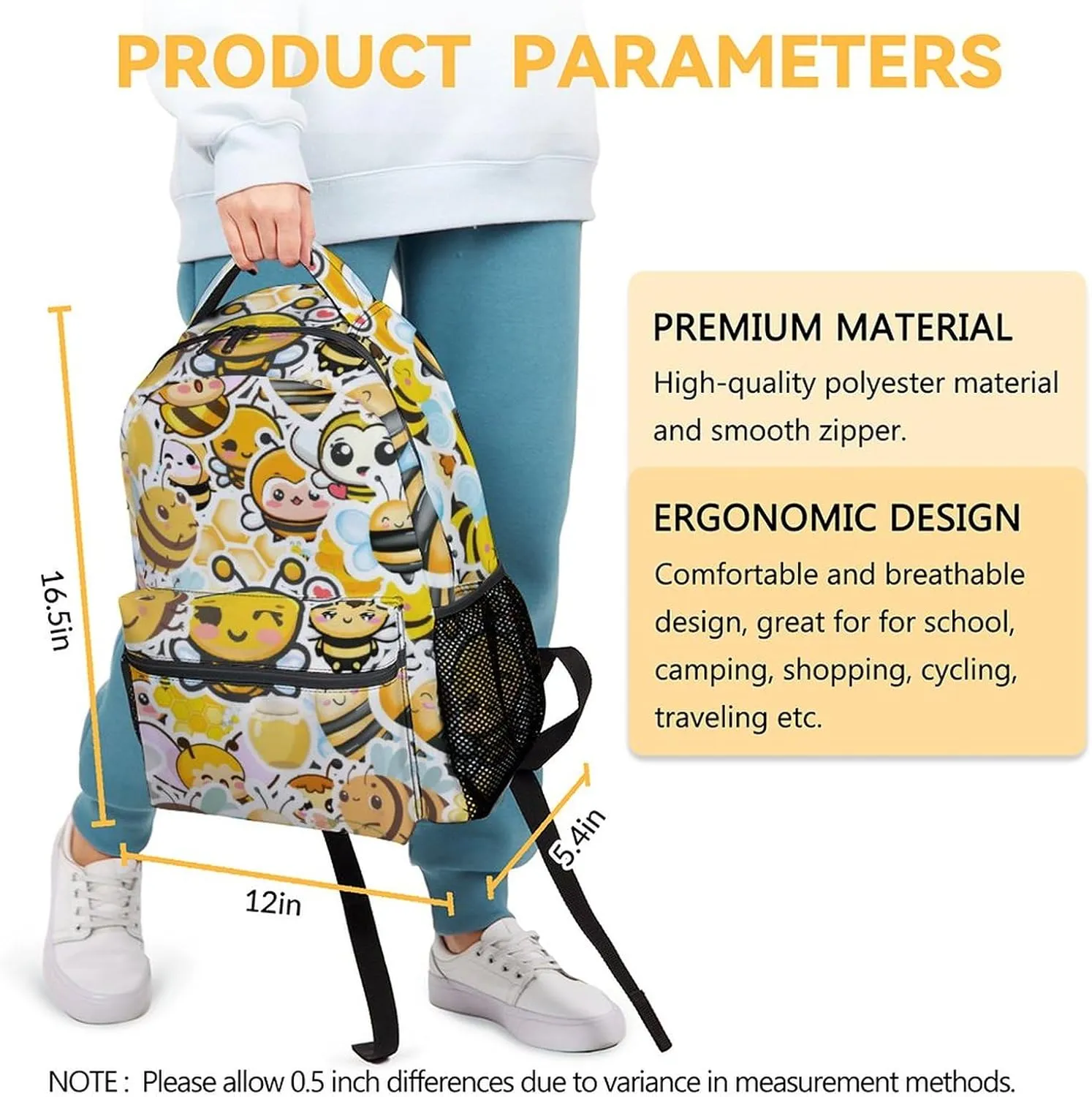 Bee Backpack for Girls Boys, 16 Inch Yellow Backpacks for School, Cute, Adjustable Straps, Durable, Lightweight, Large Capacity Bookbag for Kids