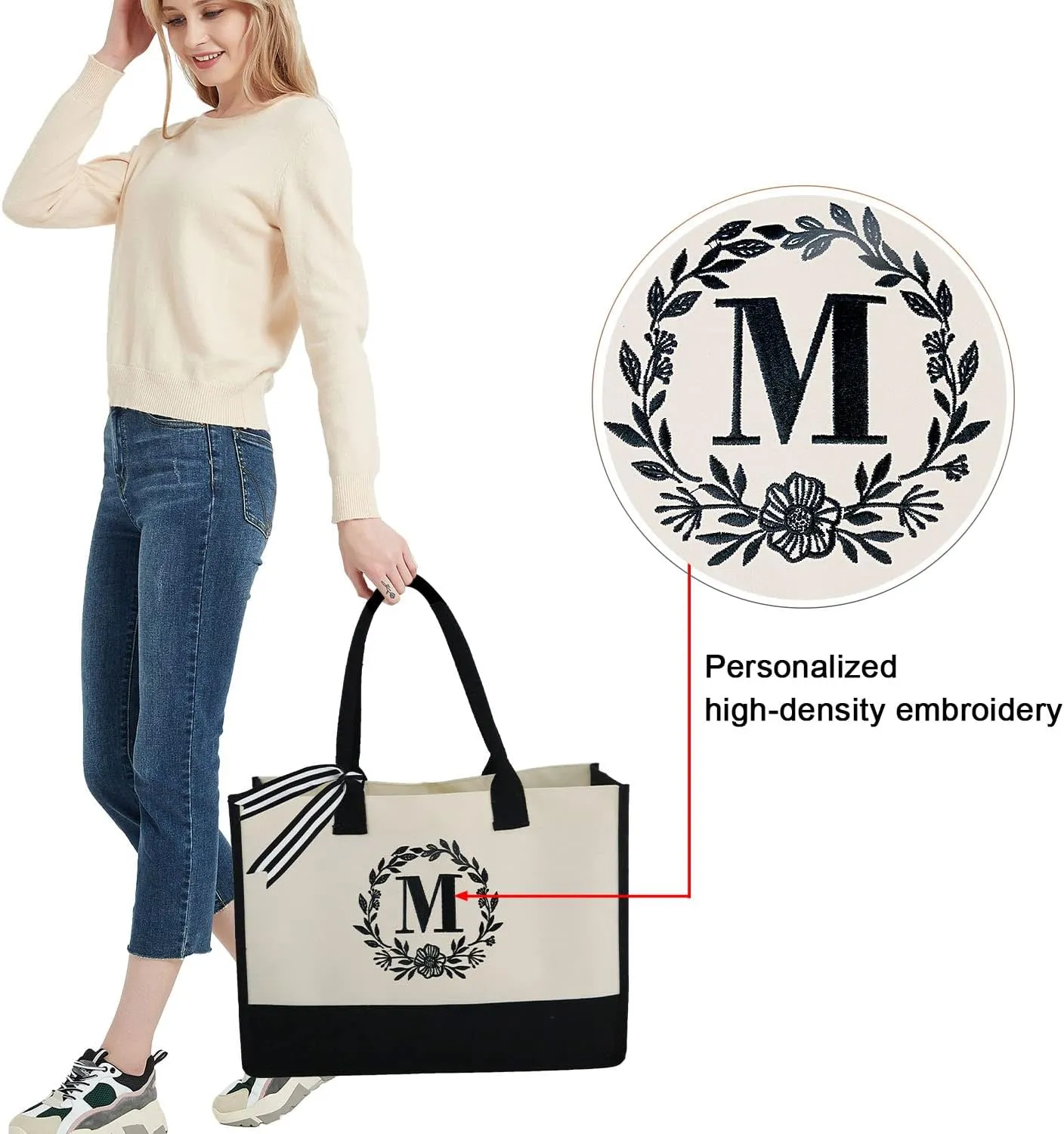BeeGreen Initial Canvas/Jute Tote Bag Personalized Bag for Wedding, Birthday, Beach, Gift for Women, Mom, Teacher,Friend