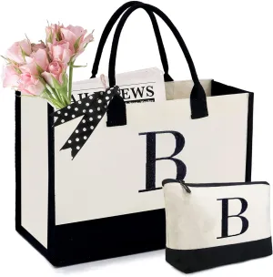 BeeGreen Initial Canvas/Jute Tote Bag Personalized Bag for Wedding, Birthday, Beach, Gift for Women, Mom, Teacher,Friend