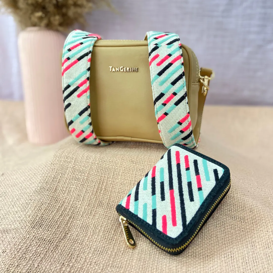 Beige Dual Compartment with Colourful Lines Belt   Wallet Combo