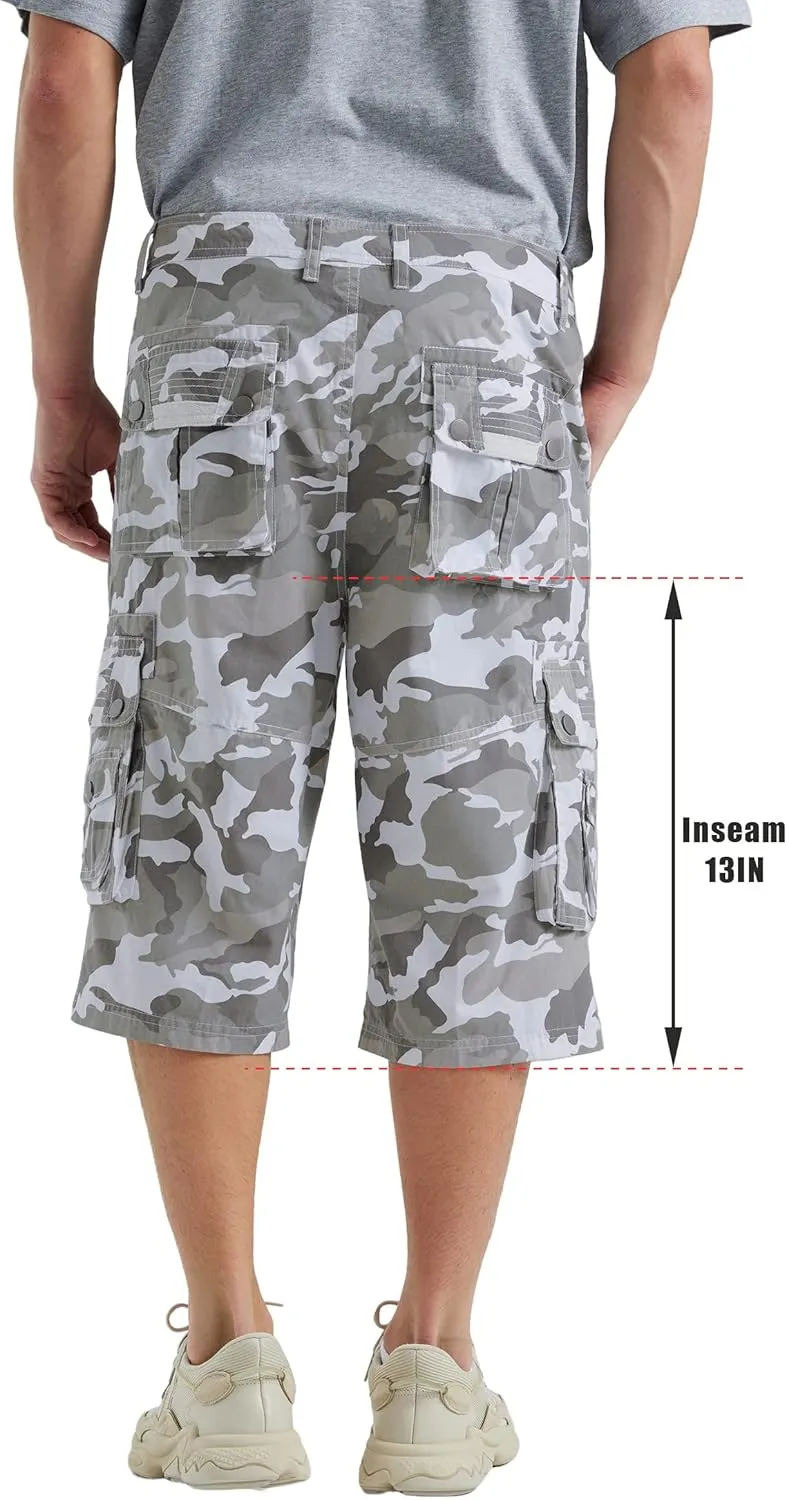 BEST SOUTH Men's Capri Long Twill Cargo Shorts Below Knee 13 Inches Cotton Relaxed Fit Casual Multi-Pocket