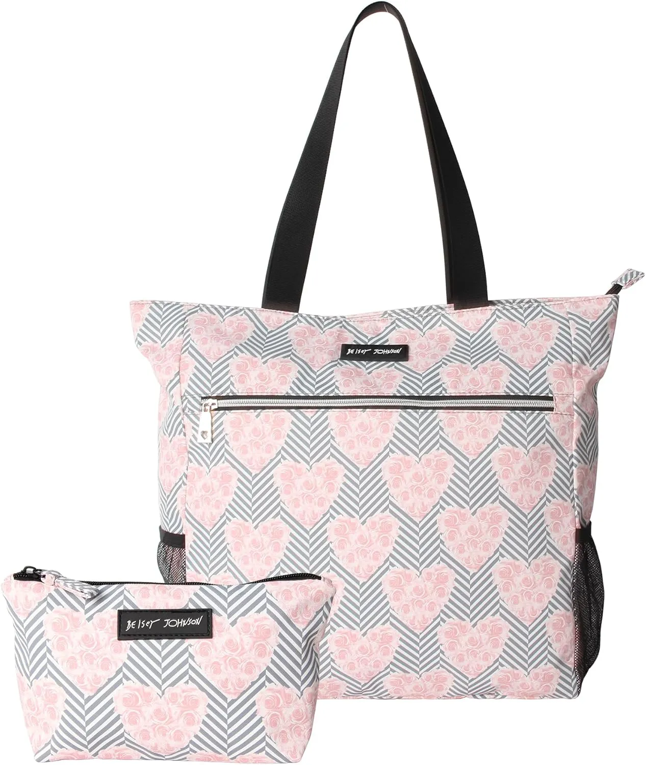 Betsey Johnson 15.6 Inch Zipper Beach Tote Bag Lightweight Large Durable Polyester with Mesh Side Pockets for Gym Work