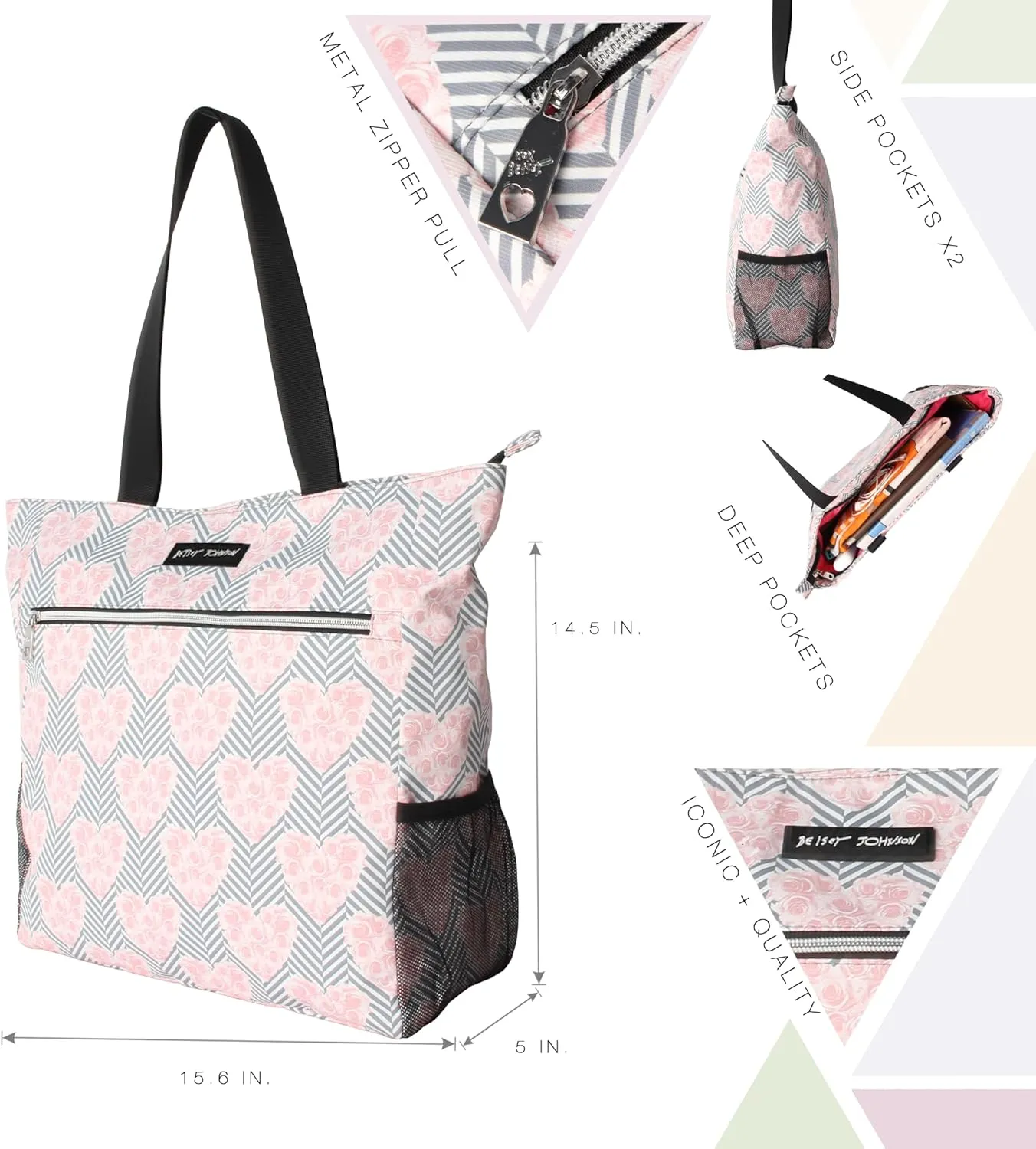 Betsey Johnson 15.6 Inch Zipper Beach Tote Bag Lightweight Large Durable Polyester with Mesh Side Pockets for Gym Work