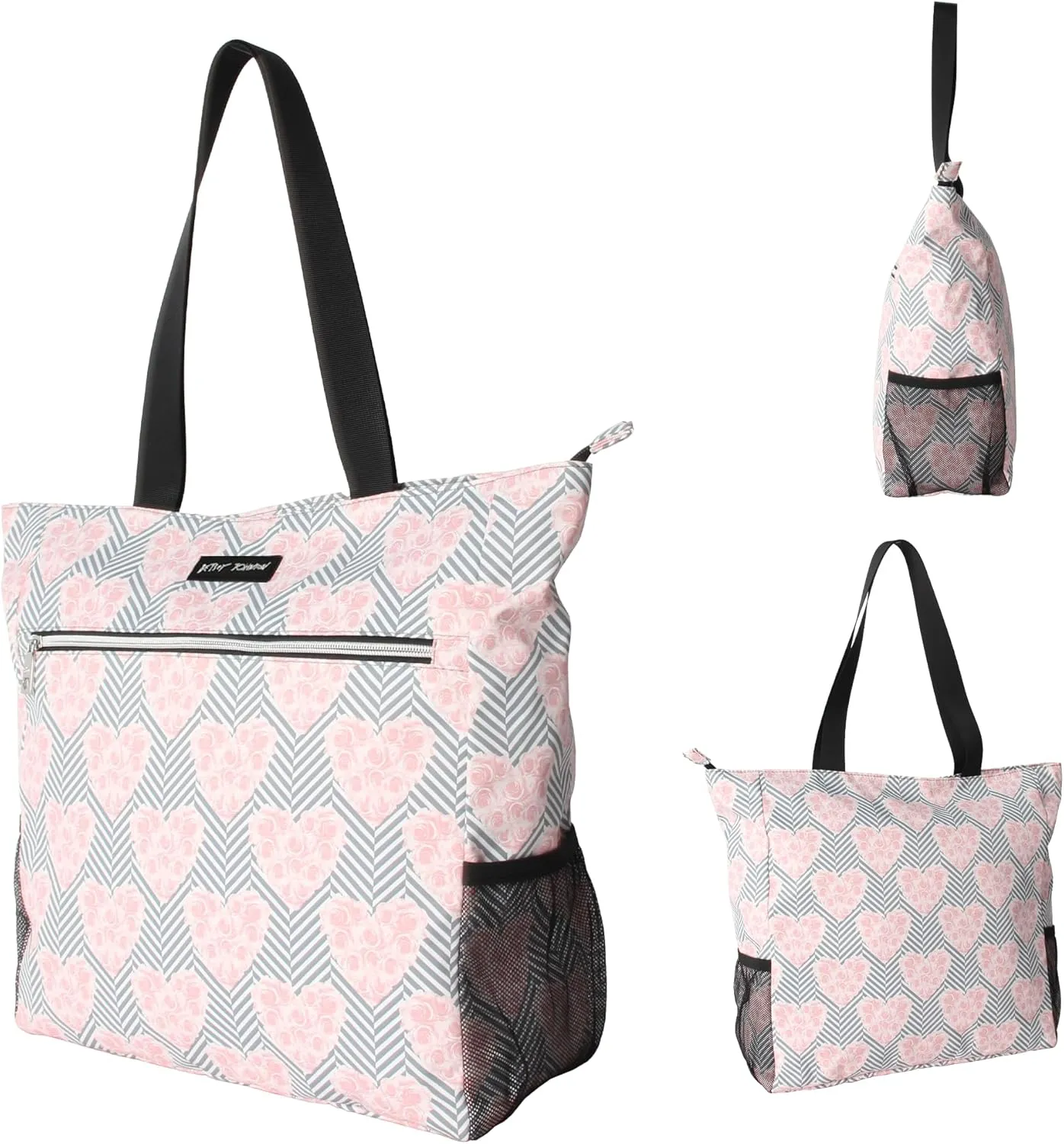 Betsey Johnson 15.6 Inch Zipper Beach Tote Bag Lightweight Large Durable Polyester with Mesh Side Pockets for Gym Work