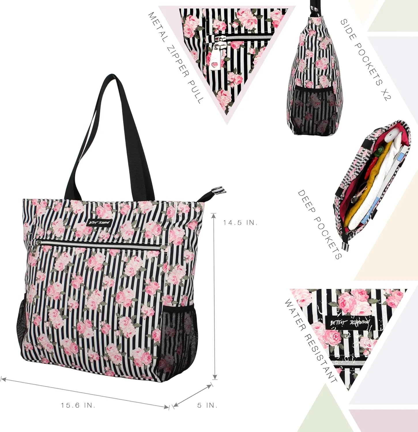 Betsey Johnson 15.6 Inch Zipper Beach Tote Bag Lightweight Large Durable Polyester with Mesh Side Pockets for Gym Work
