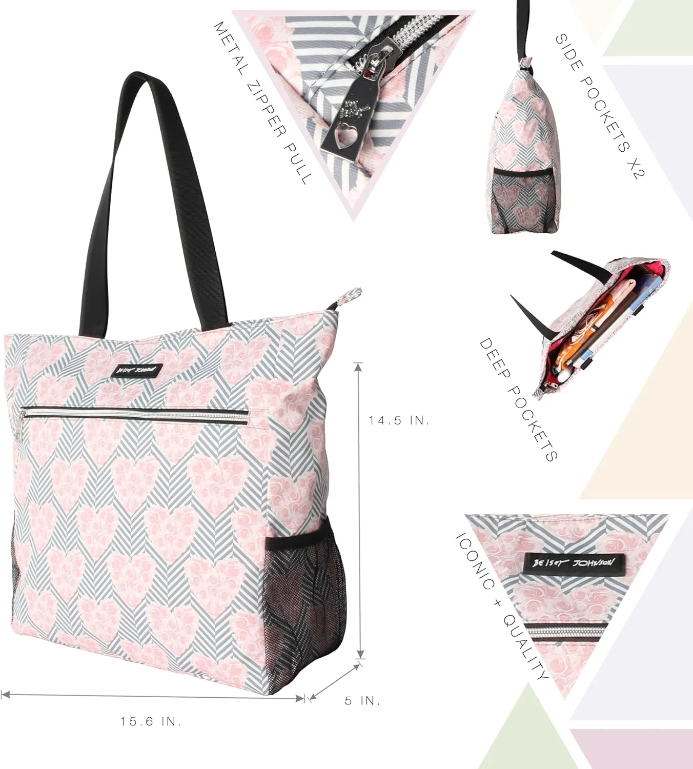 Betsey Johnson 15.6 Inch Zipper Beach Tote Bag Lightweight Large Durable Polyester with Mesh Side Pockets for Gym Work
