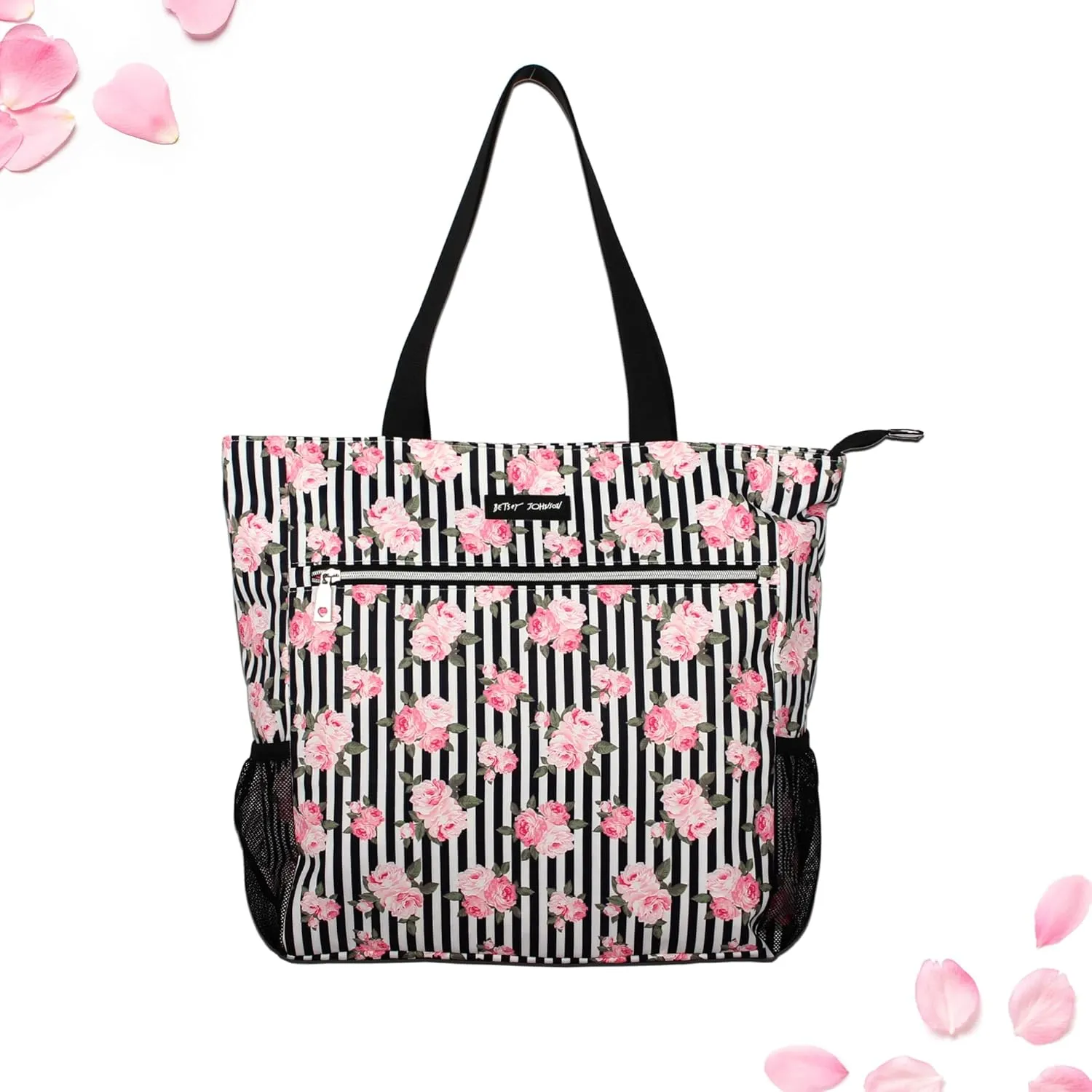 Betsey Johnson 15.6 Inch Zipper Beach Tote Bag Lightweight Large Durable Polyester with Mesh Side Pockets for Gym Work