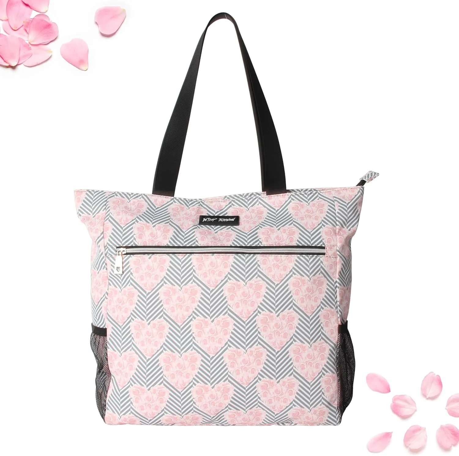 Betsey Johnson 15.6 Inch Zipper Beach Tote Bag Lightweight Large Durable Polyester with Mesh Side Pockets for Gym Work