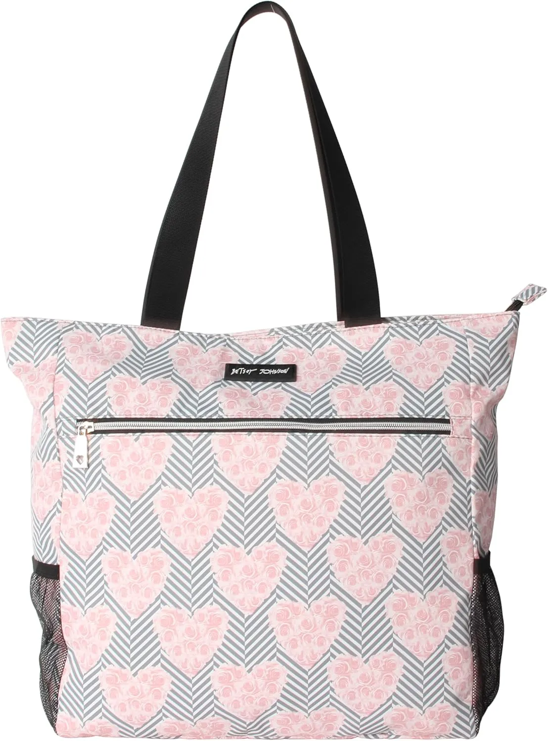 Betsey Johnson 15.6 Inch Zipper Beach Tote Bag Lightweight Large Durable Polyester with Mesh Side Pockets for Gym Work