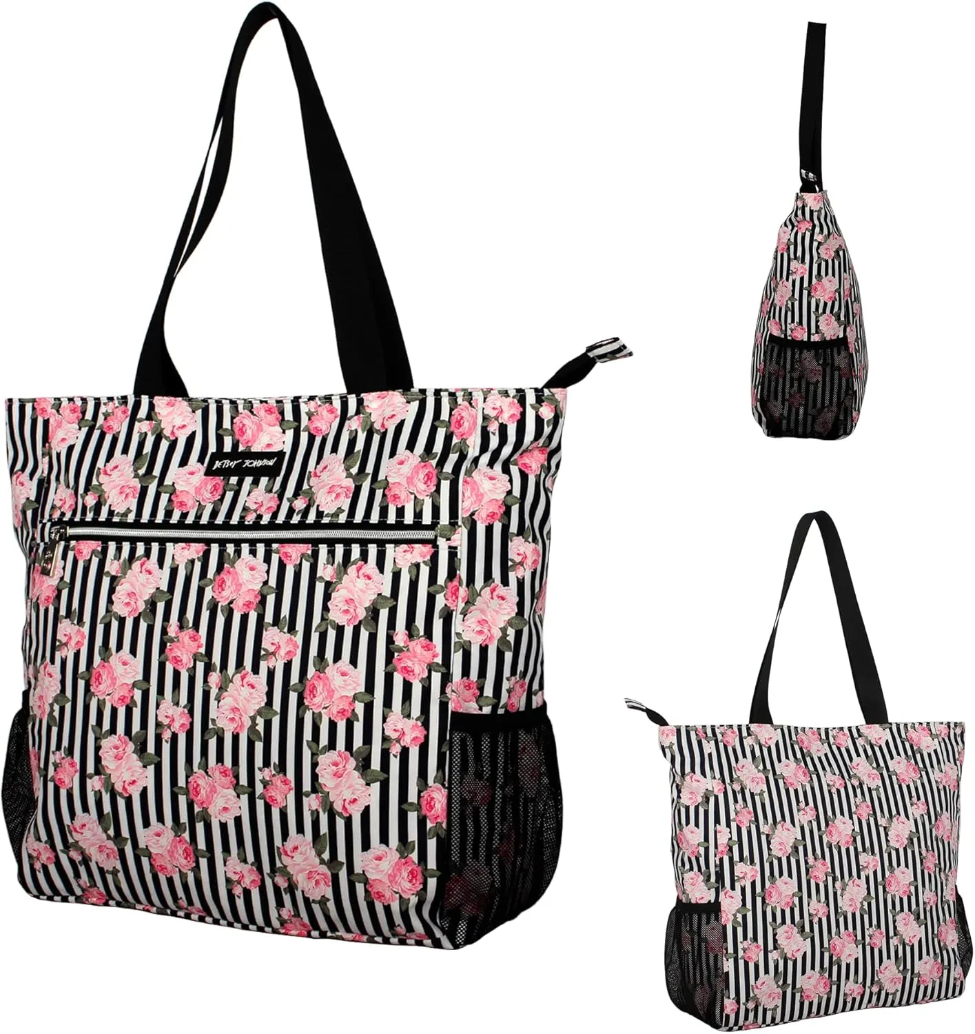 Betsey Johnson 15.6 Inch Zipper Beach Tote Bag Lightweight Large Durable Polyester with Mesh Side Pockets for Gym Work