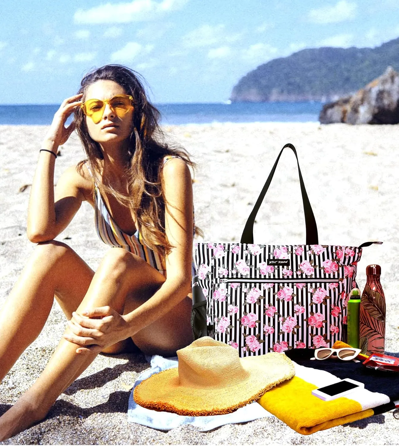 Betsey Johnson 15.6 Inch Zipper Beach Tote Bag Lightweight Large Durable Polyester with Mesh Side Pockets for Gym Work