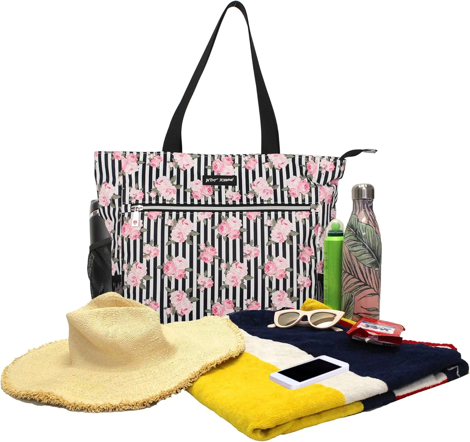 Betsey Johnson 15.6 Inch Zipper Beach Tote Bag Lightweight Large Durable Polyester with Mesh Side Pockets for Gym Work