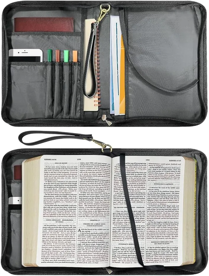 Bible Cover with Black Ribbon Study Bible Tote Bag Zip Carrying Case Handle and Pocket Bible Bag for Men & Women