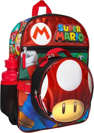Bioworld Super Mario Backpack with Detachable Mushroom Lunch Tote 16 Inch 5 Piece Set