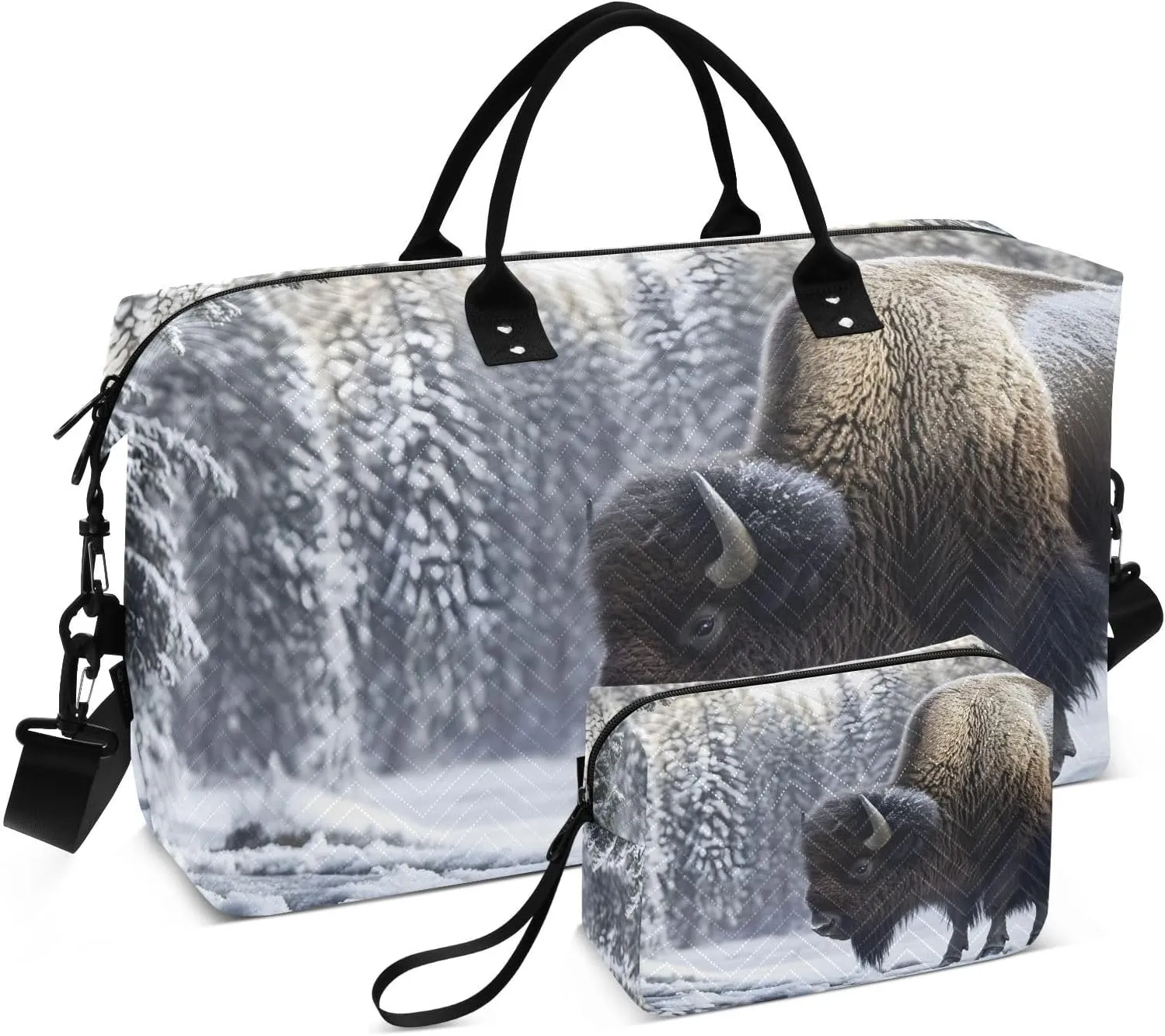 Bison Winter Forest Travel Duffel Bag Gym Bag Sports Tote Bag with Multiple Interior Pockets Shoulder Weekender Bag for Women Men with Toiletry Bag 20.5”x 7.9”x 13.8”
