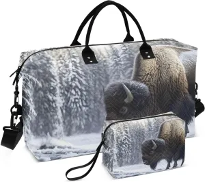 Bison Winter Forest Travel Duffel Bag Gym Bag Sports Tote Bag with Multiple Interior Pockets Shoulder Weekender Bag for Women Men with Toiletry Bag 20.5”x 7.9”x 13.8”