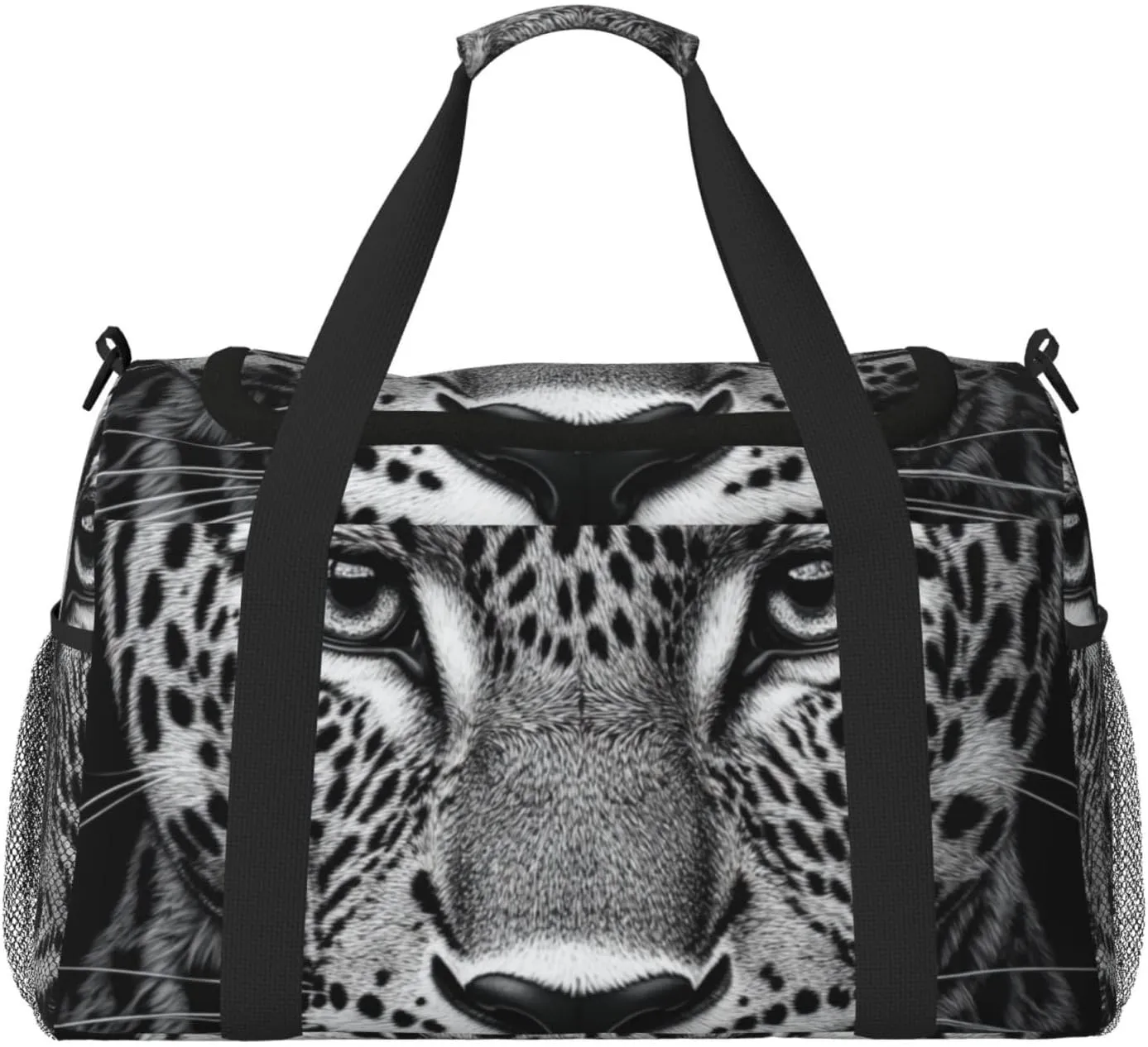 Black And White Leopard Face Travel Duffel Bag Tote Bag Sports Gym Bag For Women And Men