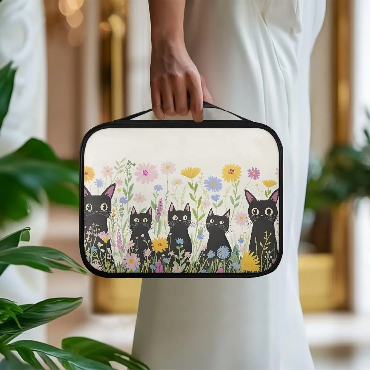Black Cat Flower PU Bible Pack for Women with Handle Tote Bible Bag Ladies Waterproof Bible Case Light Standard Bible Case Book Cover with Zipper Closure