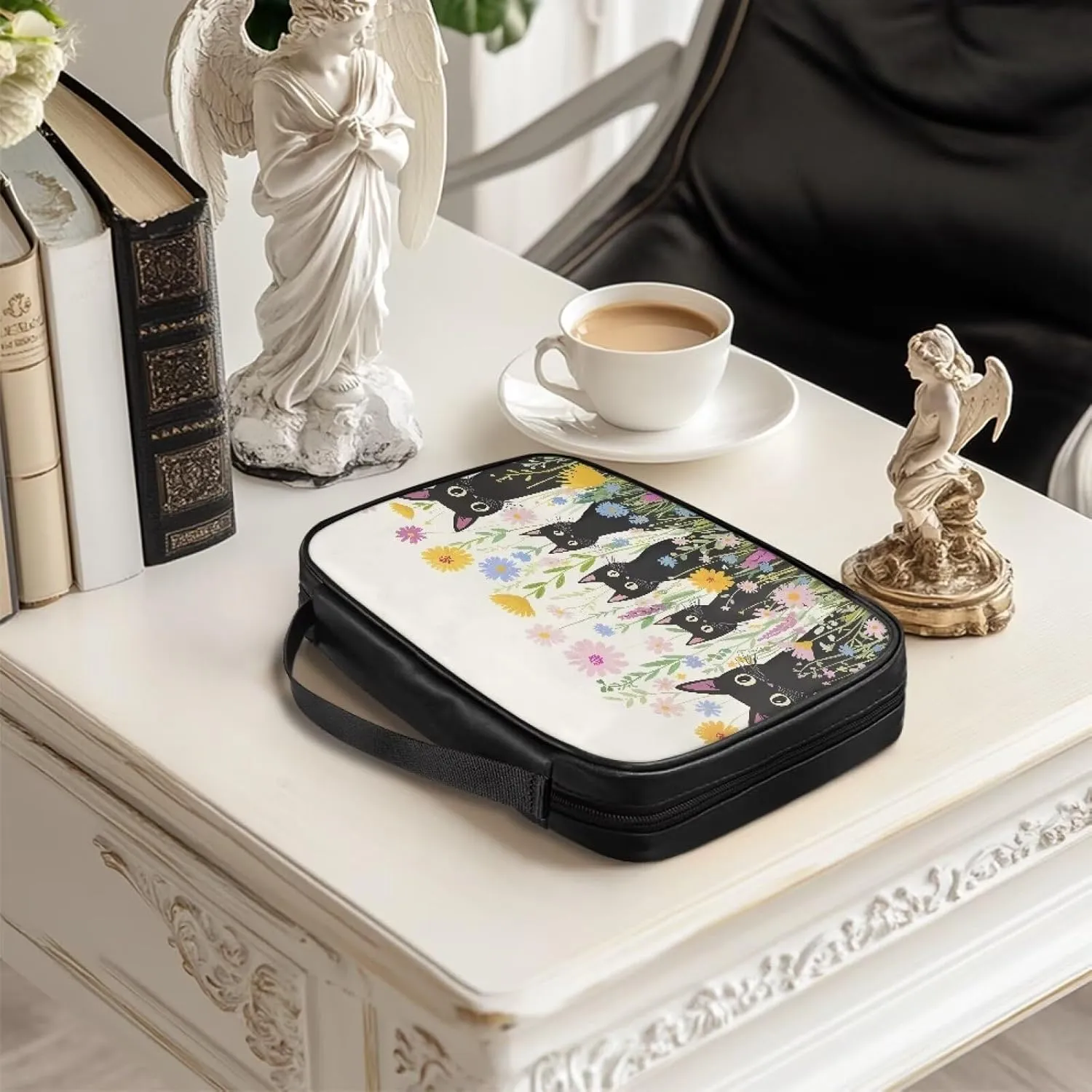 Black Cat Flower PU Bible Pack for Women with Handle Tote Bible Bag Ladies Waterproof Bible Case Light Standard Bible Case Book Cover with Zipper Closure