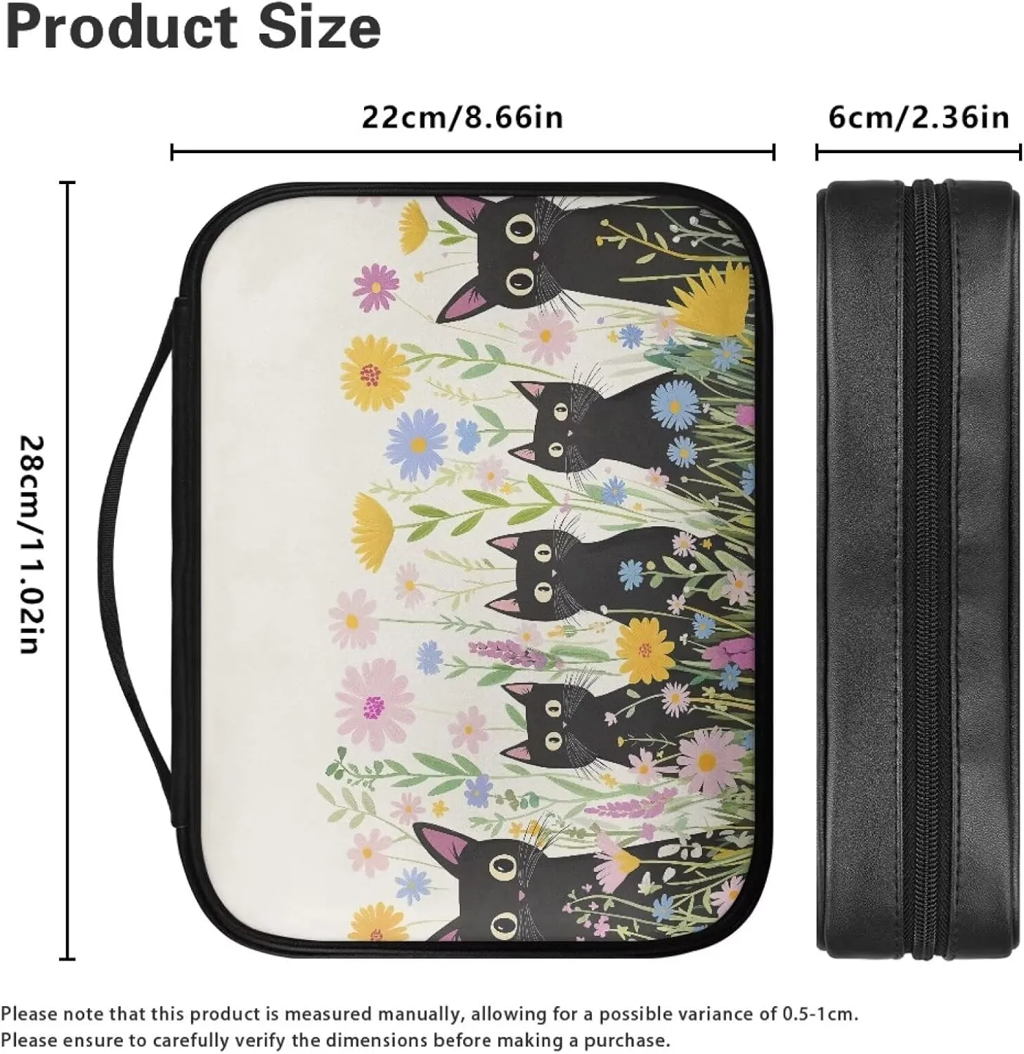 Black Cat Flower PU Bible Pack for Women with Handle Tote Bible Bag Ladies Waterproof Bible Case Light Standard Bible Case Book Cover with Zipper Closure