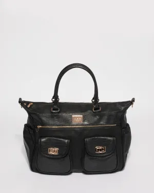 Black Multi Textured Double Pocket Baby Bag With Gold Hardware