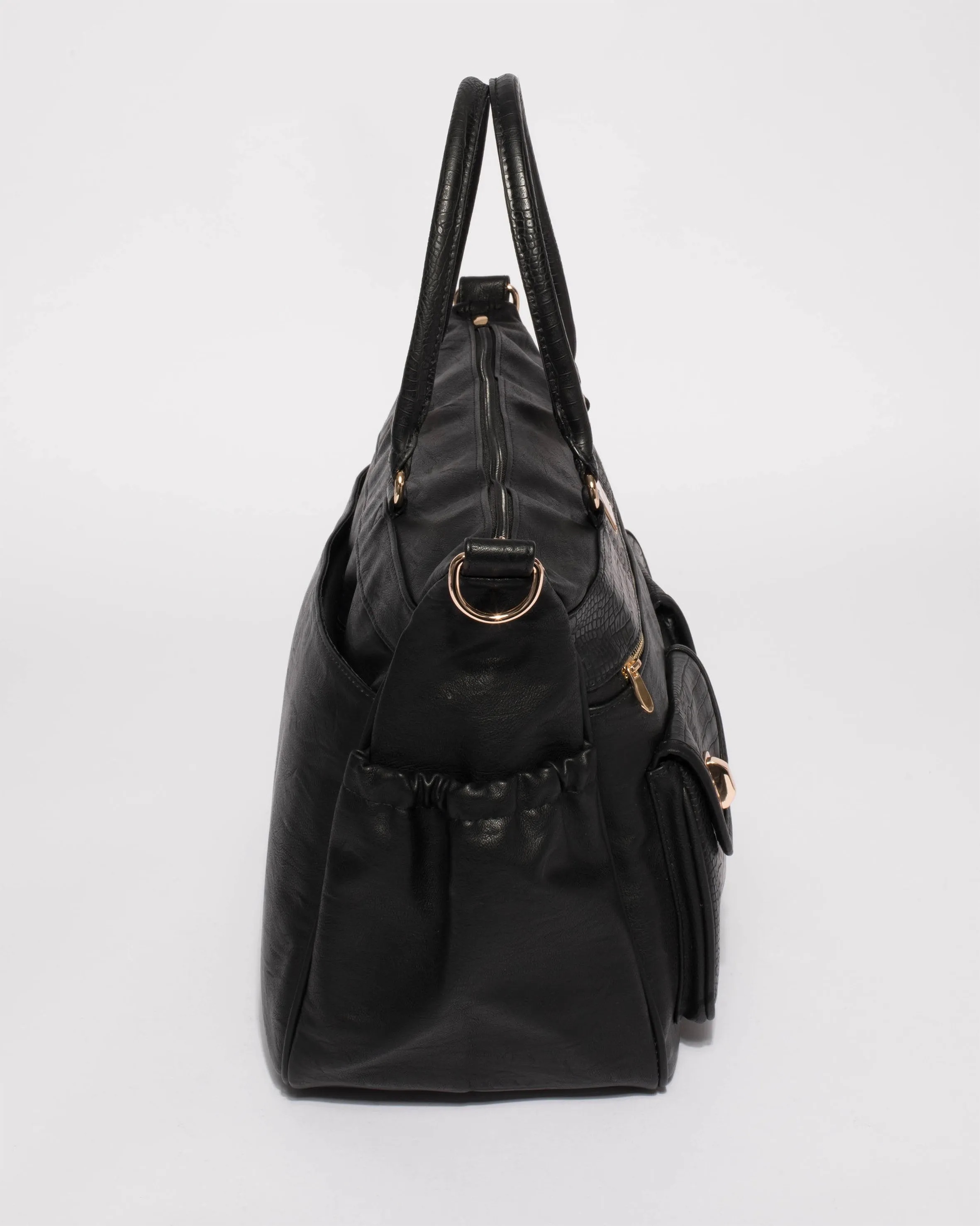 Black Multi Textured Double Pocket Baby Bag With Gold Hardware
