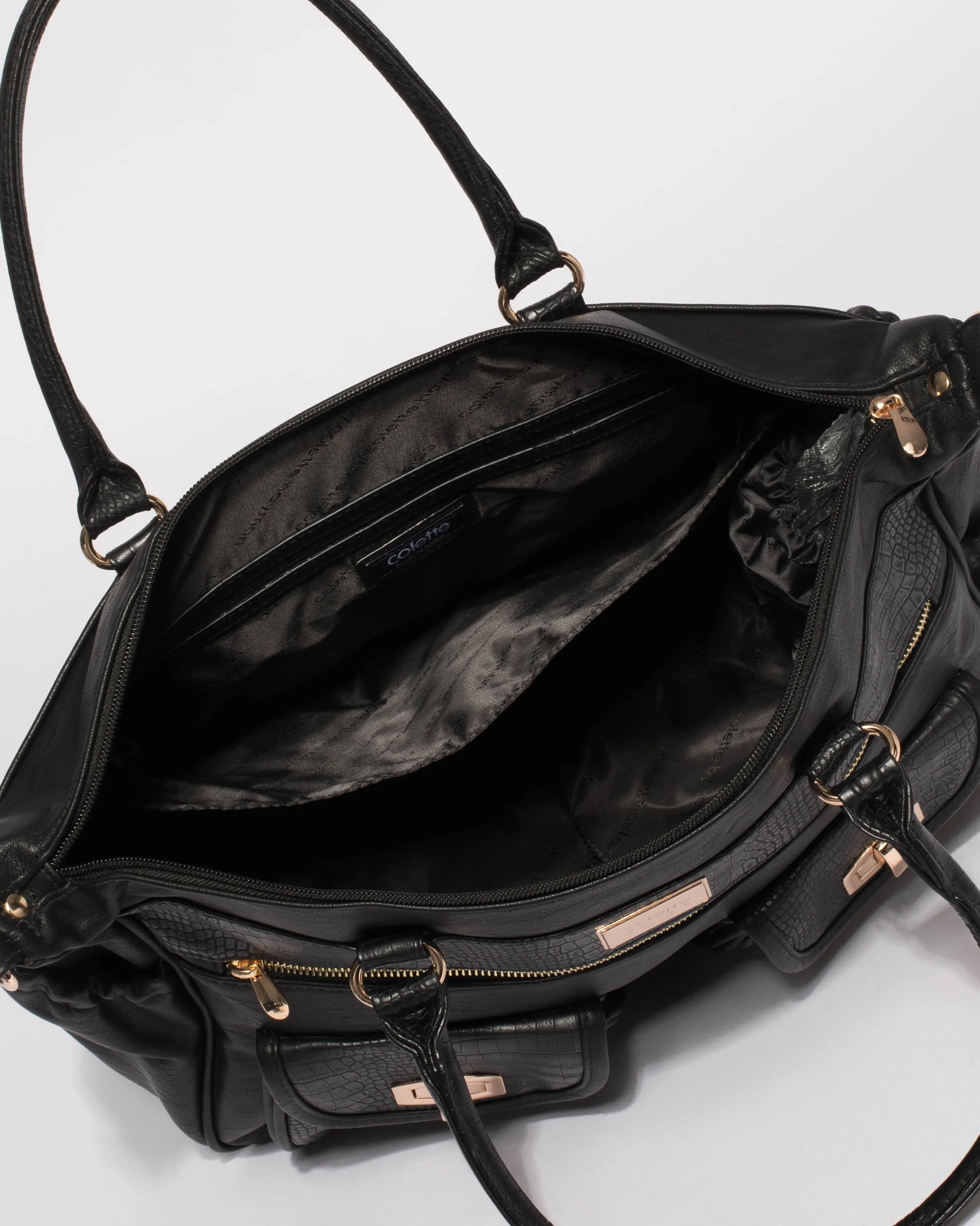 Black Multi Textured Double Pocket Baby Bag With Gold Hardware