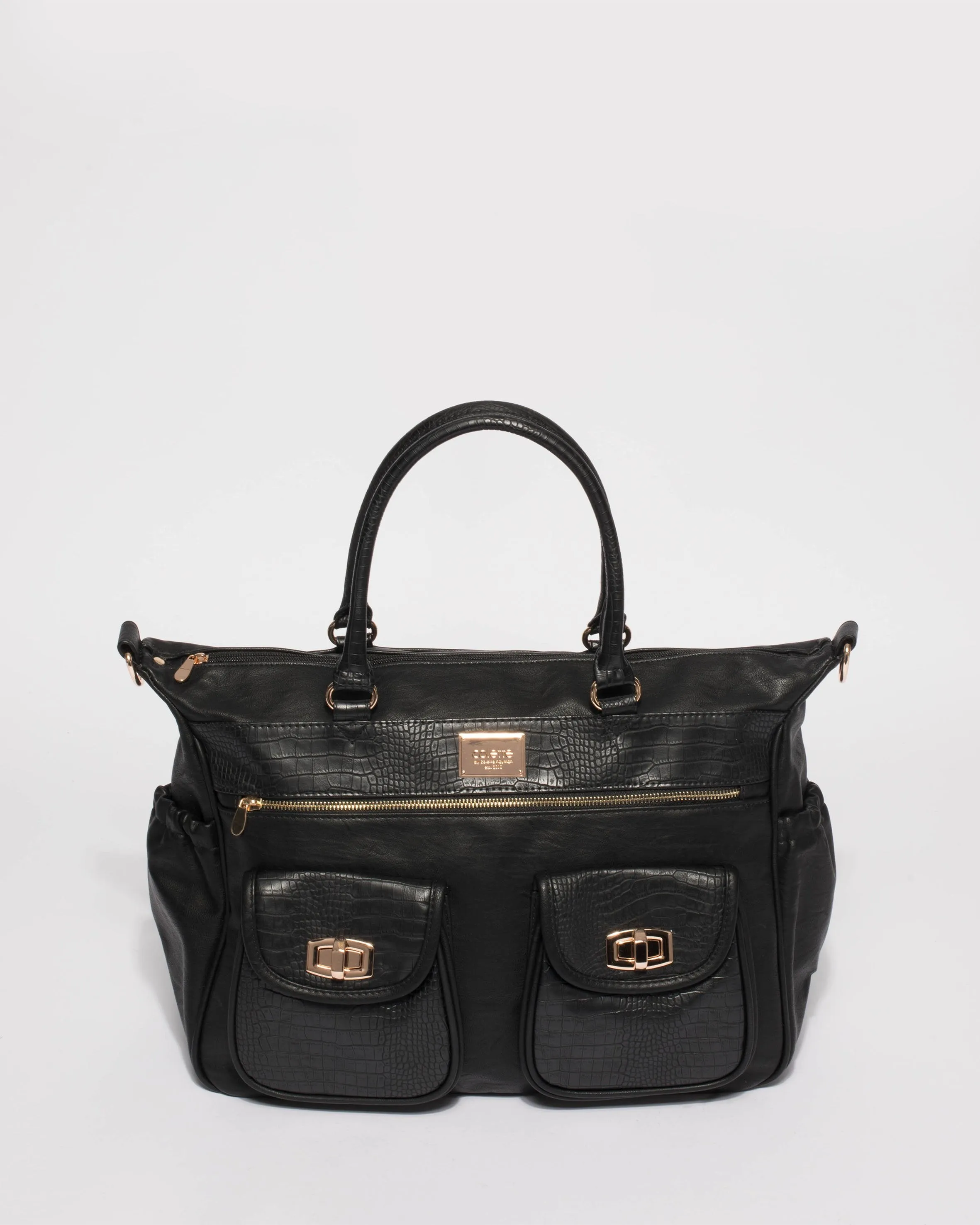 Black Multi Textured Double Pocket Baby Bag With Gold Hardware