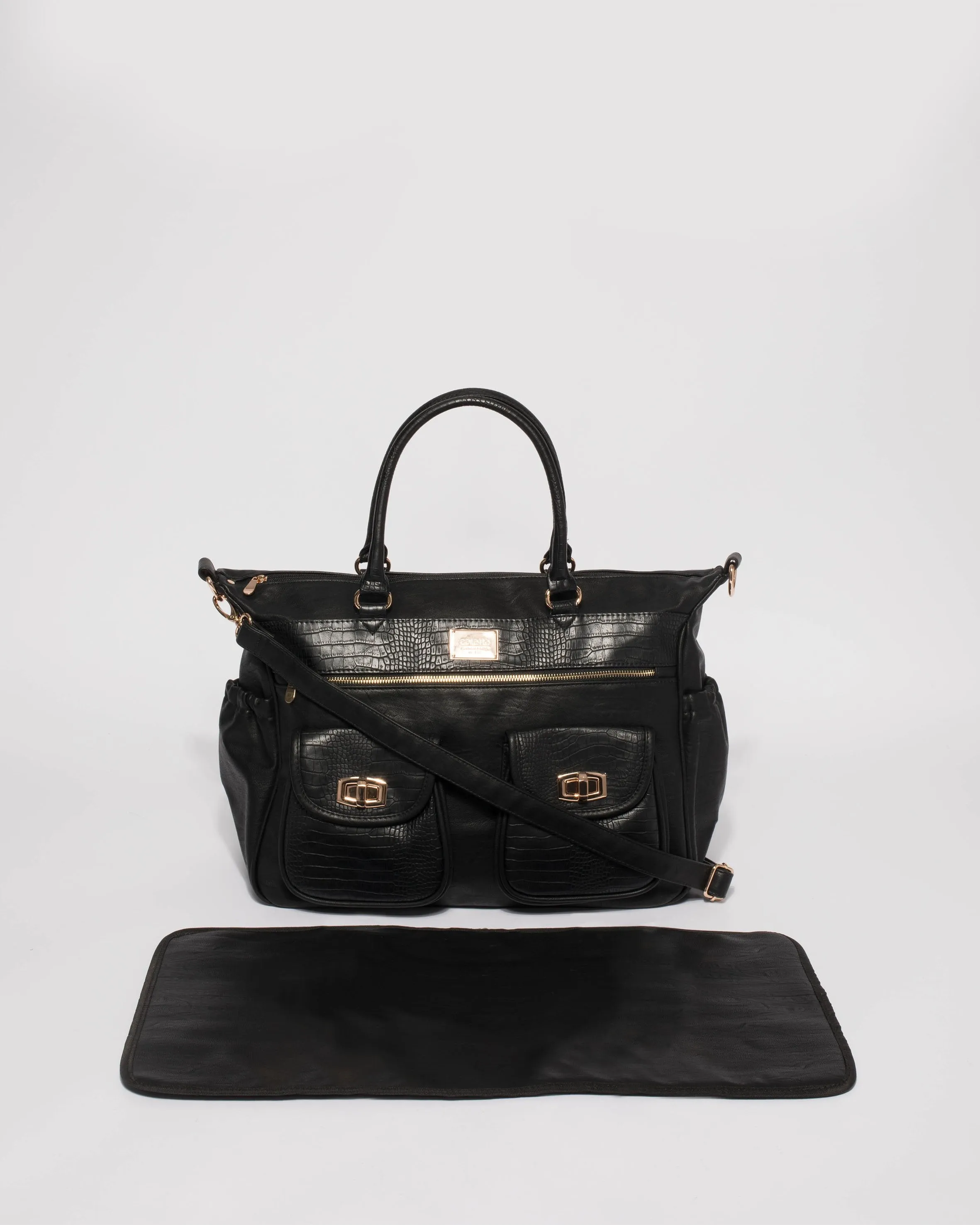 Black Multi Textured Double Pocket Baby Bag With Gold Hardware