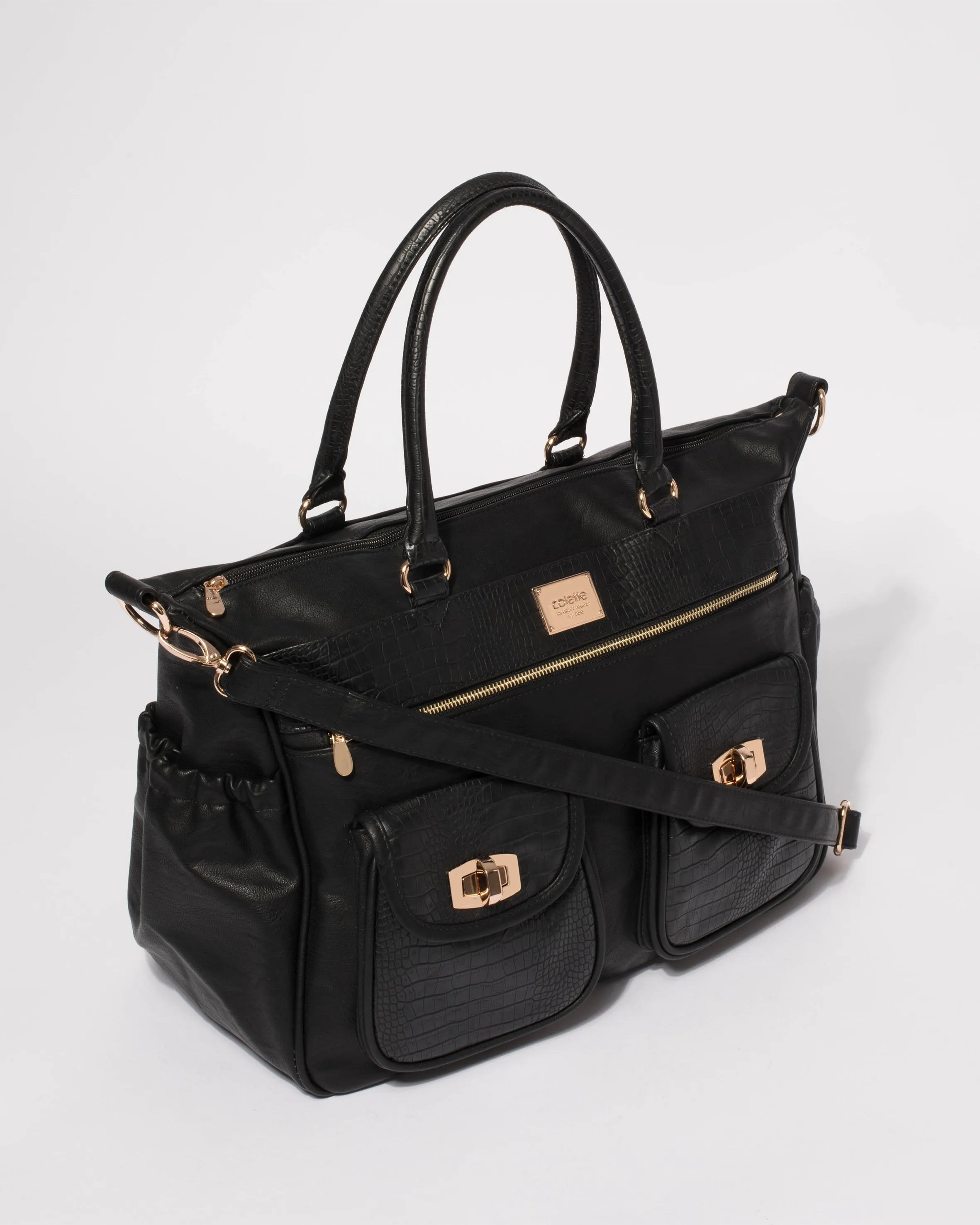 Black Multi Textured Double Pocket Baby Bag With Gold Hardware