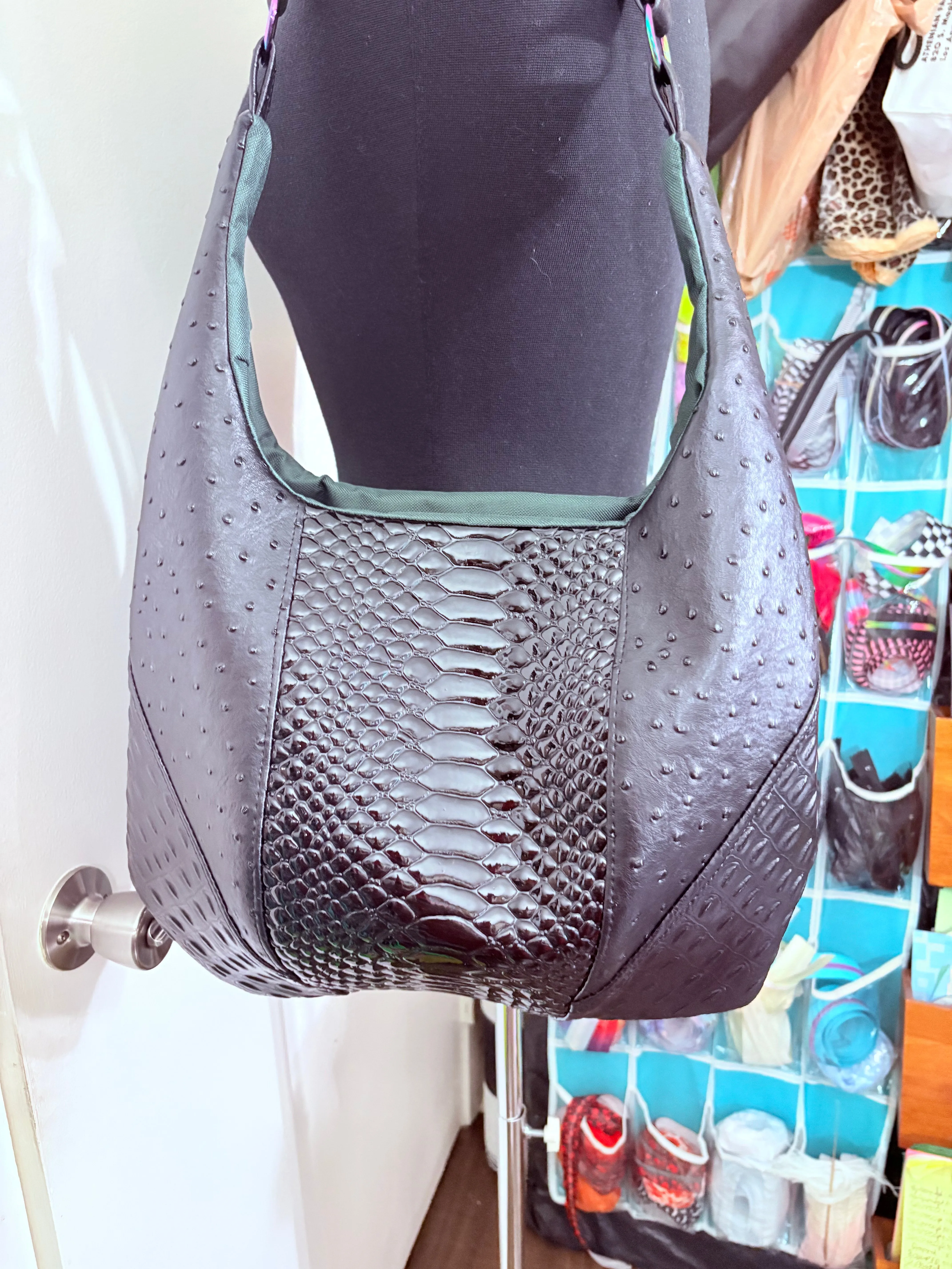 BLACK Ostrich python faux leather boho slouch tote