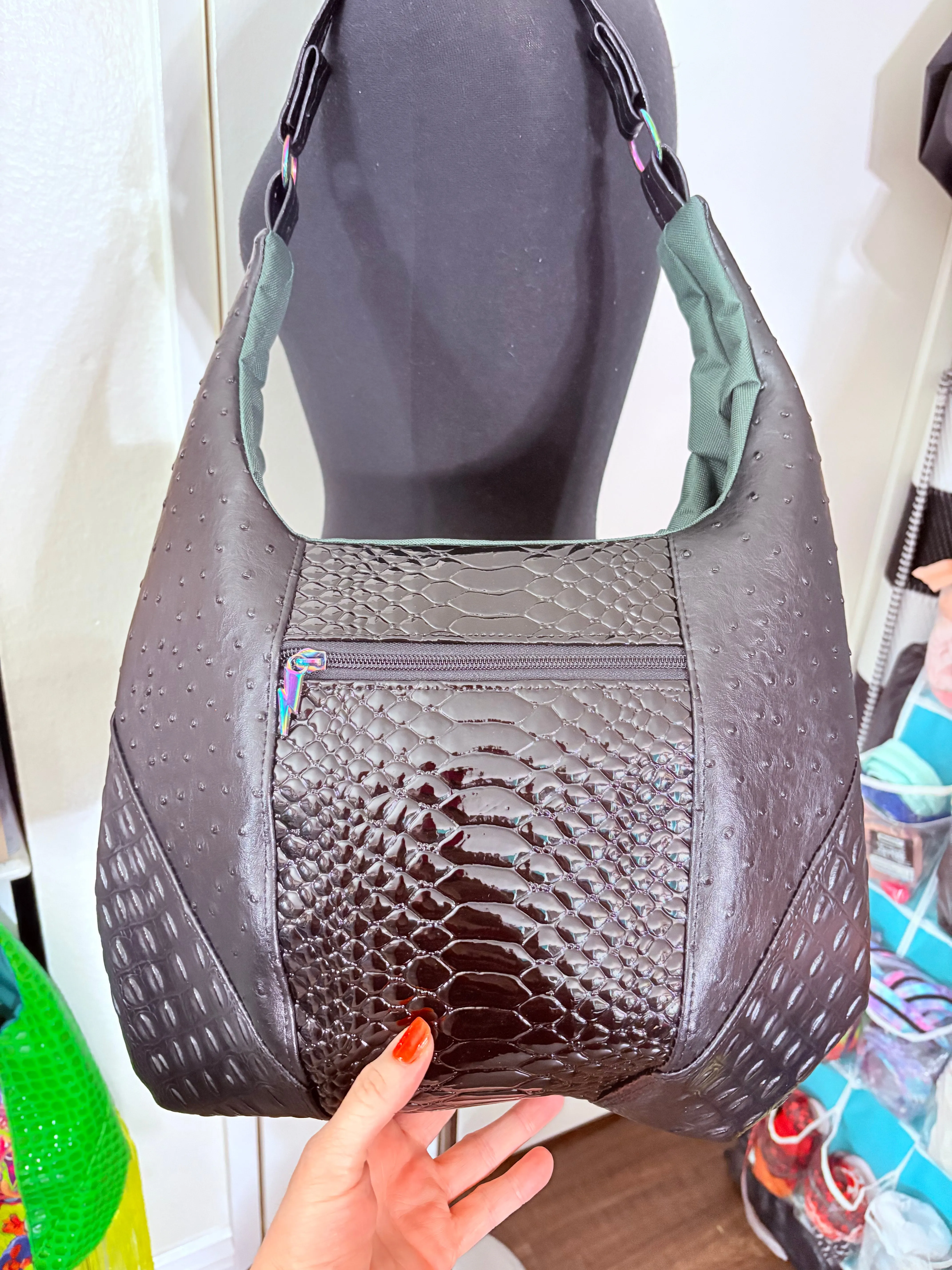 BLACK Ostrich python faux leather boho slouch tote