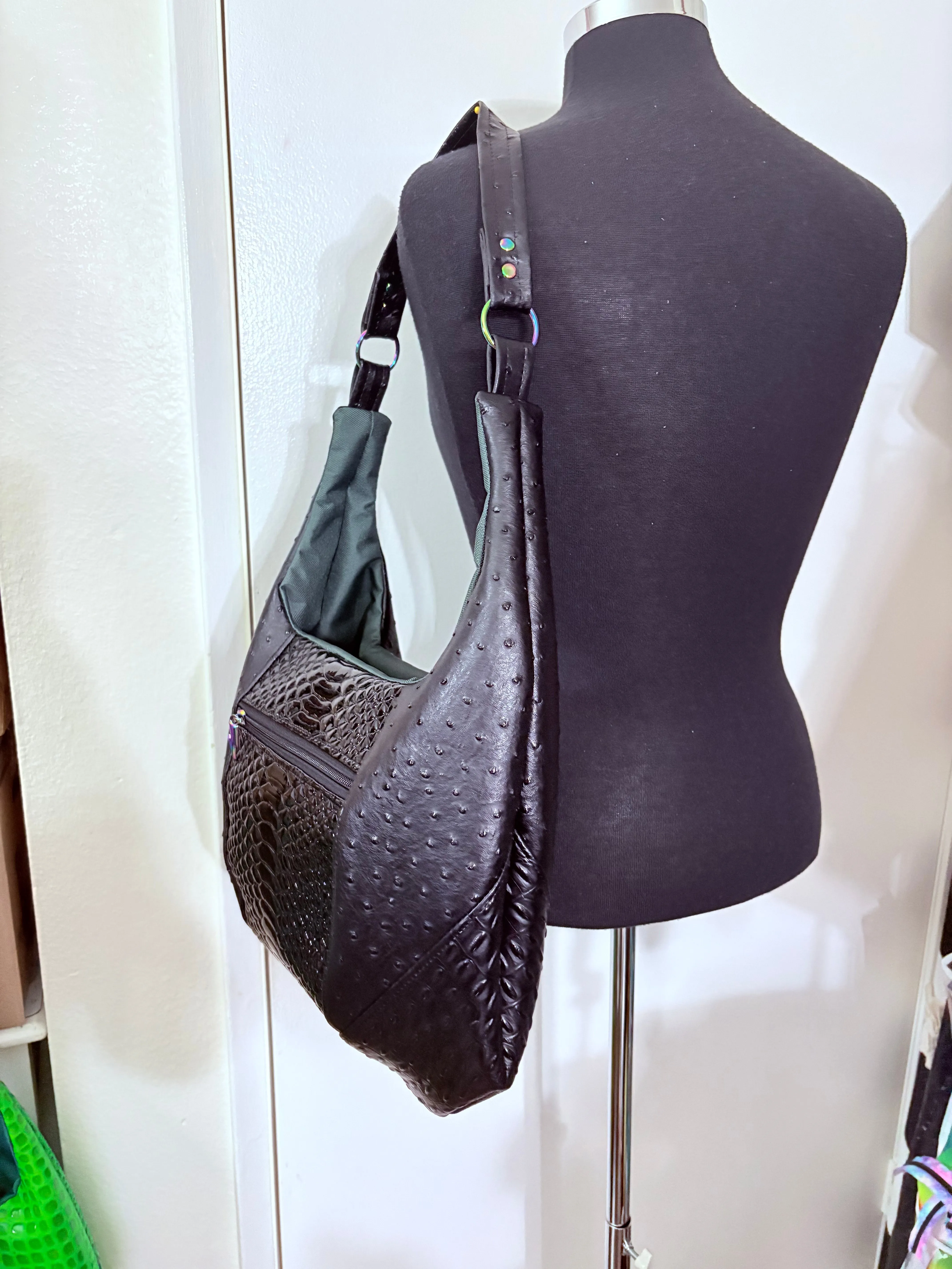 BLACK Ostrich python faux leather boho slouch tote
