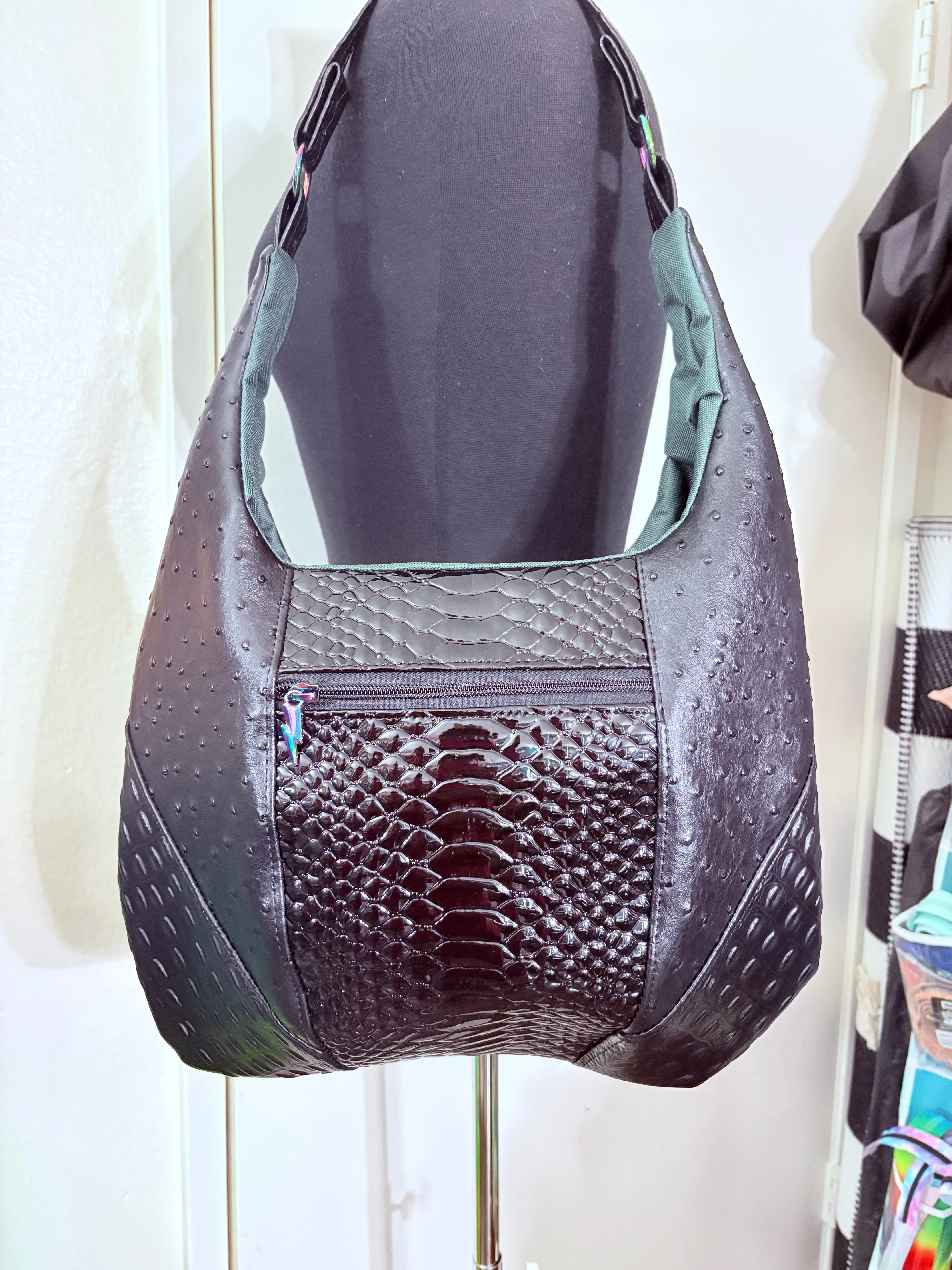 BLACK Ostrich python faux leather boho slouch tote