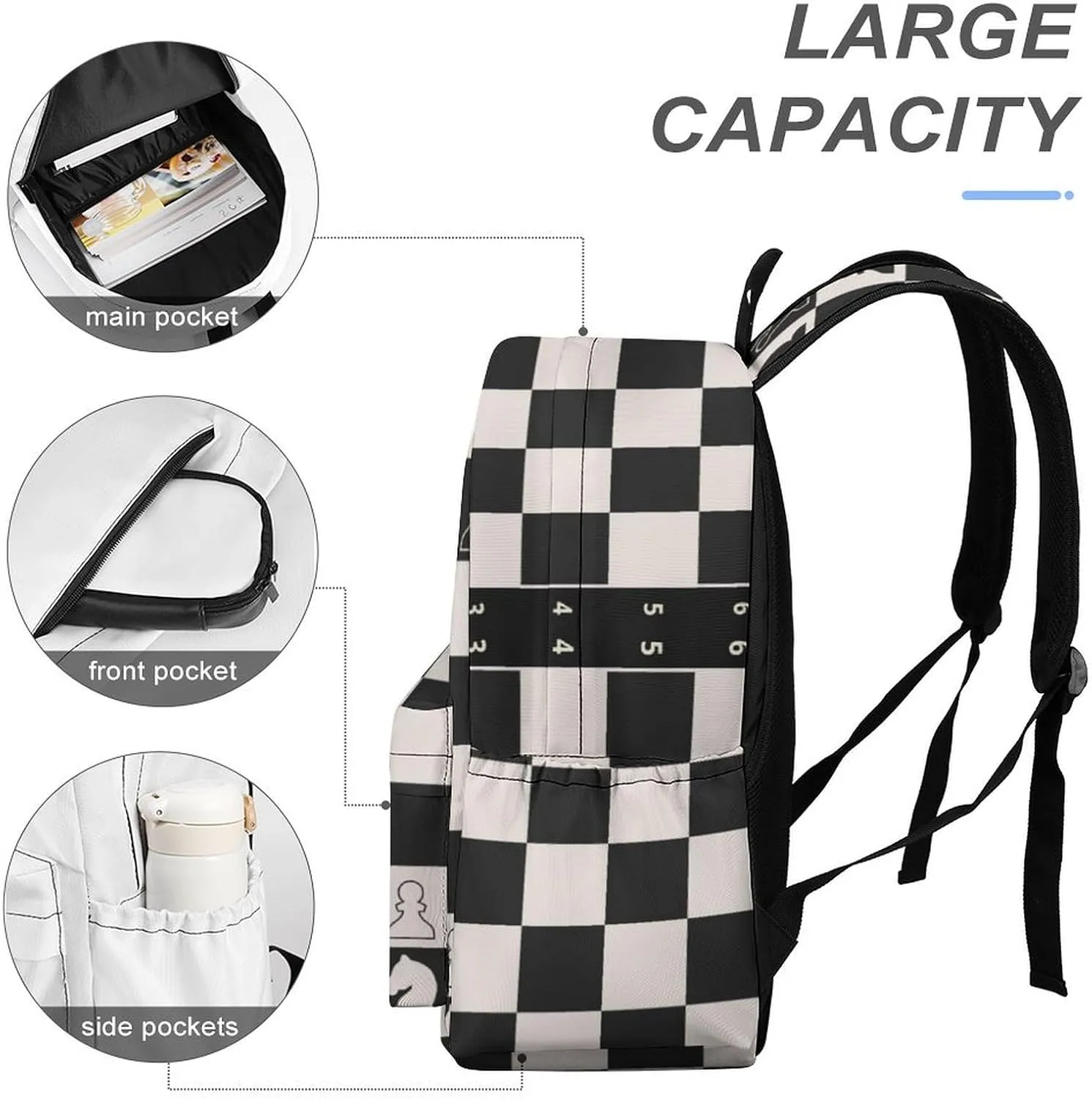 Black White Chess Board Casual Travel Backpack Lightweight with Multi Compartment Laptop Bagpack for Women Men Hiking Business Work