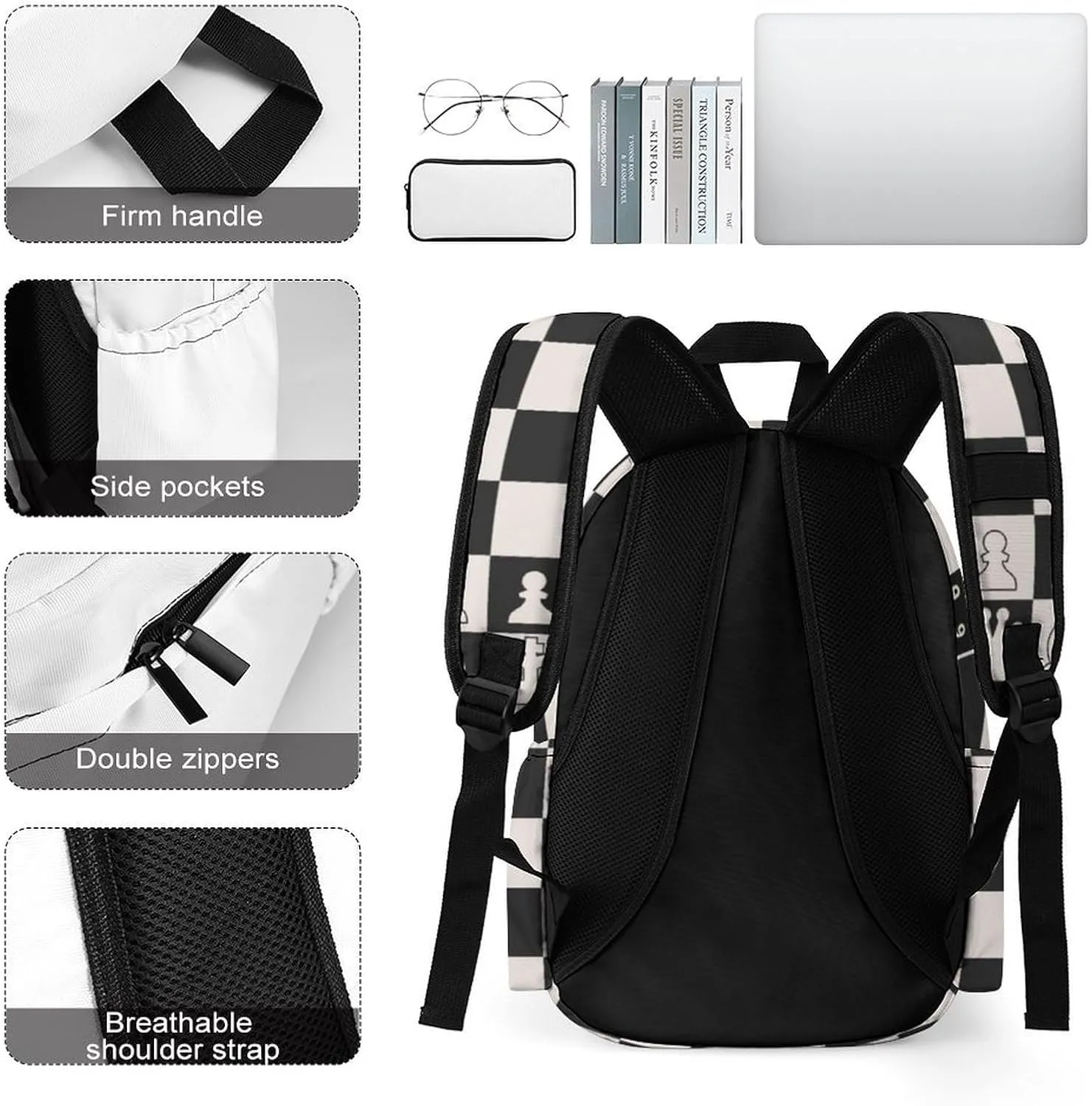 Black White Chess Board Casual Travel Backpack Lightweight with Multi Compartment Laptop Bagpack for Women Men Hiking Business Work